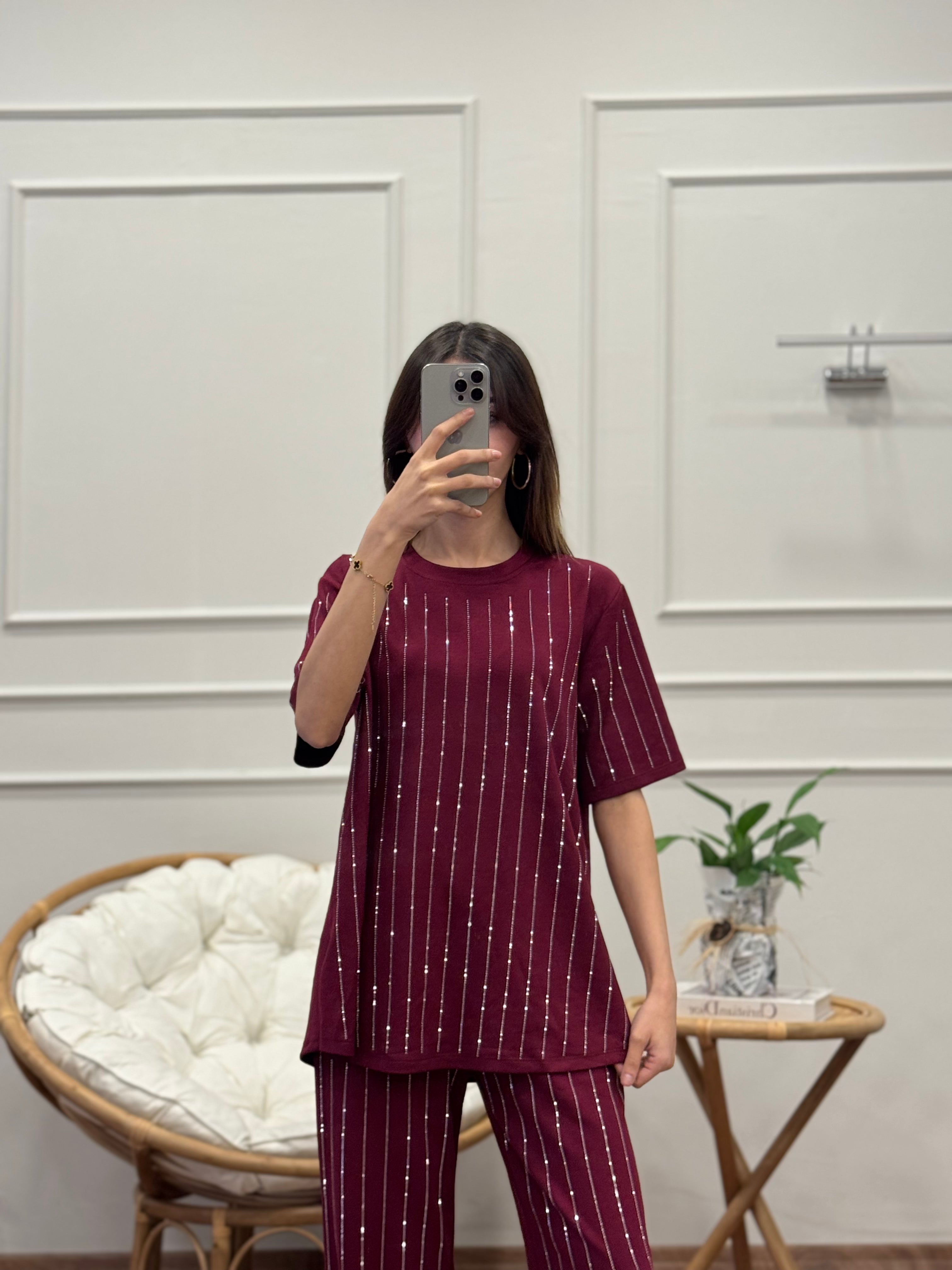 Oys Çizgi Desen Taş Baskı Bordo Bluz Pantolon Takım