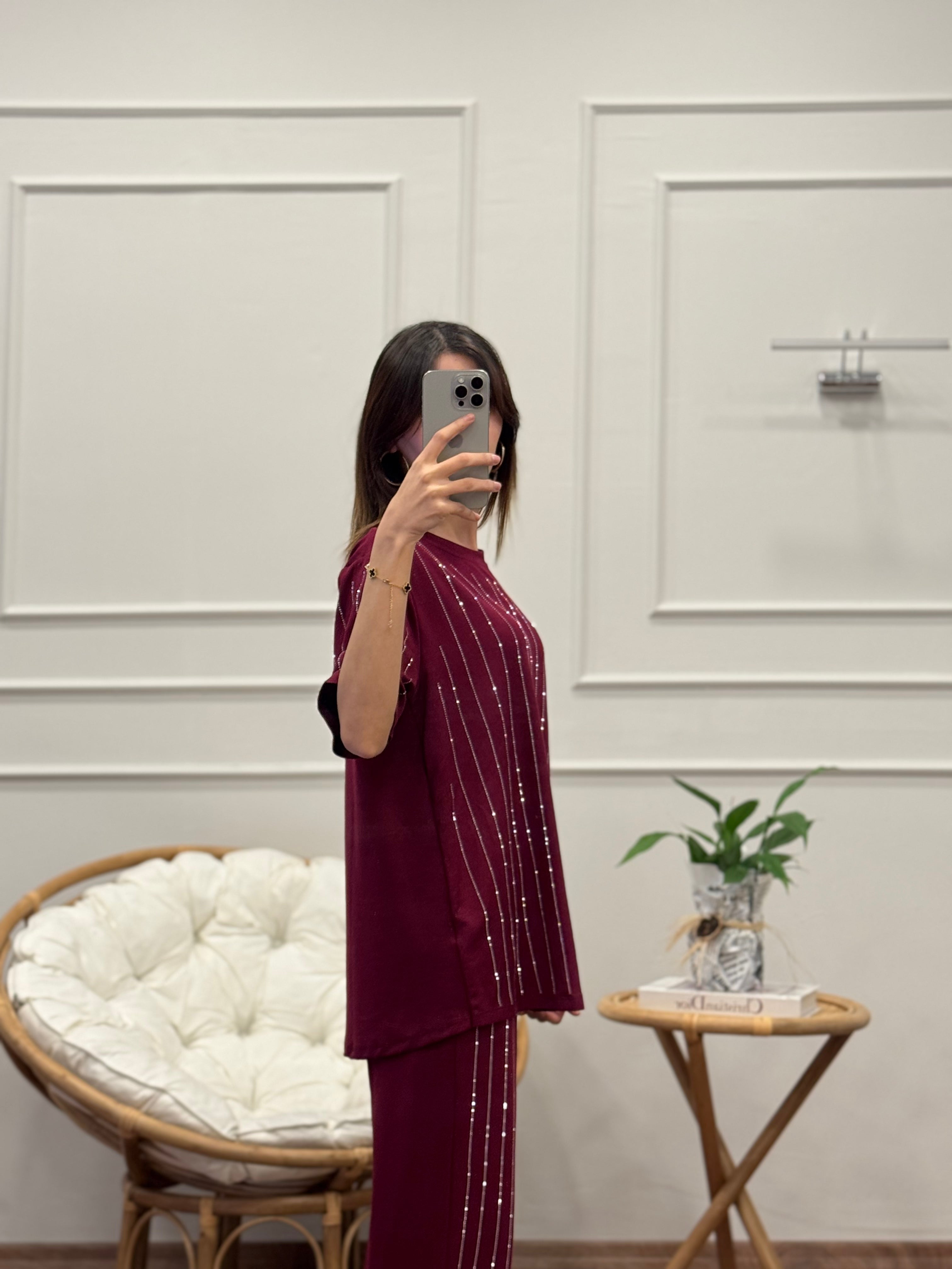 Oys Çizgi Desen Taş Baskı Bordo Bluz Pantolon Takım