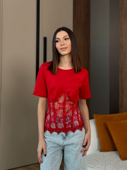 Lace Muse Top Kırmızı Bluz