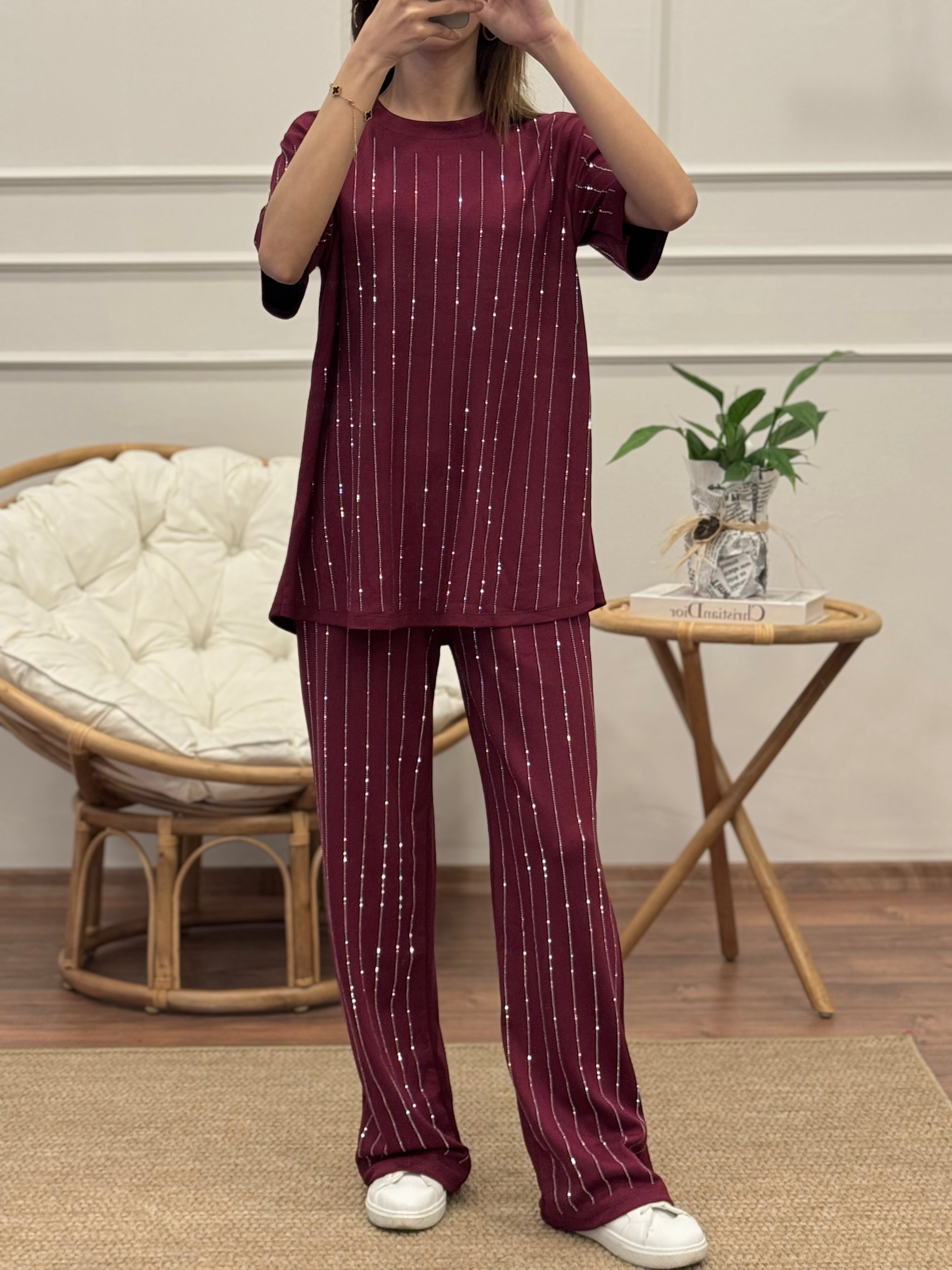 Oys Çizgi Desen Taş Baskı Bordo Bluz Pantolon Takım