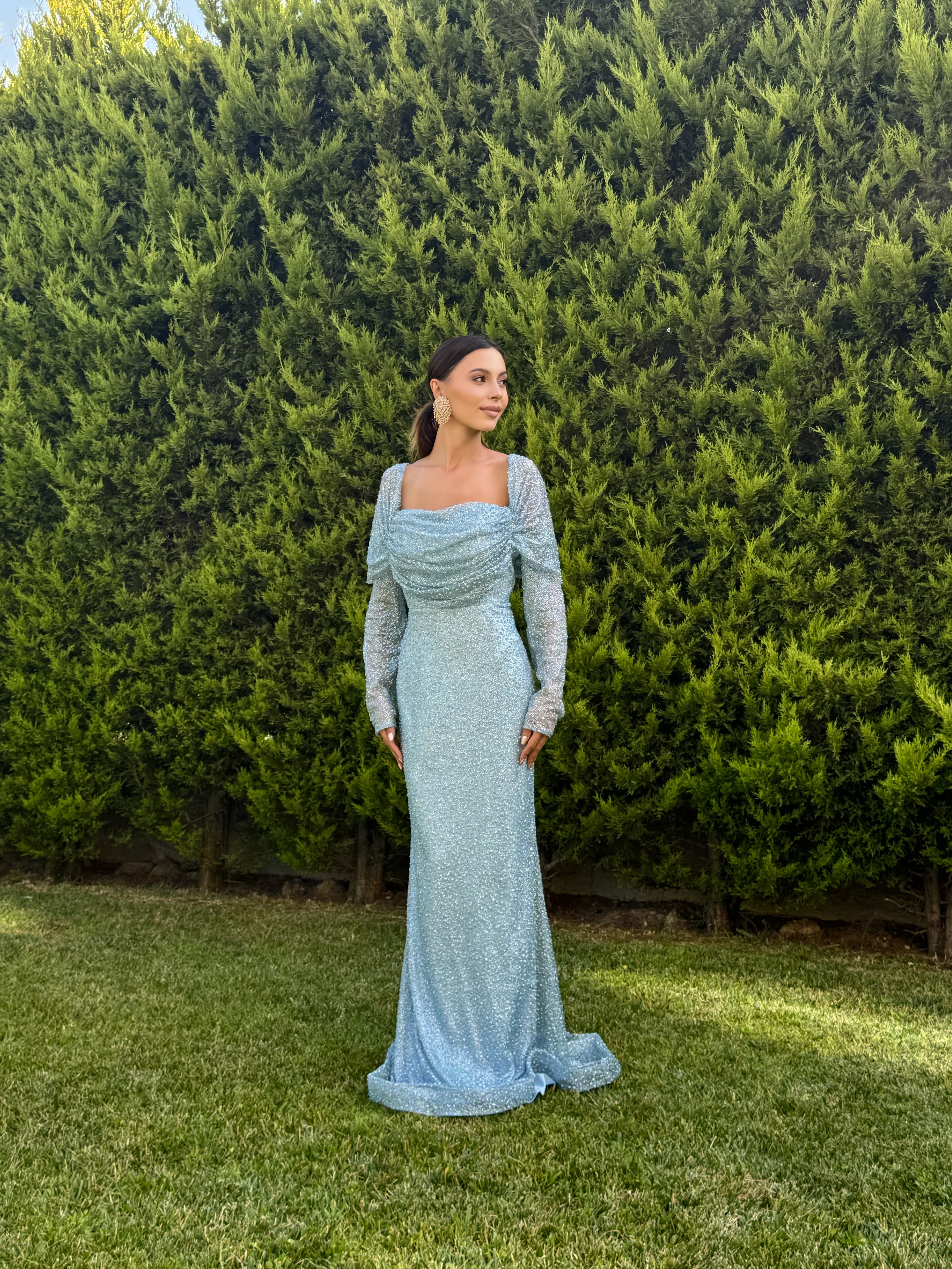 'Elanor' Kayık Yaka Taşlı Mavi Abiye