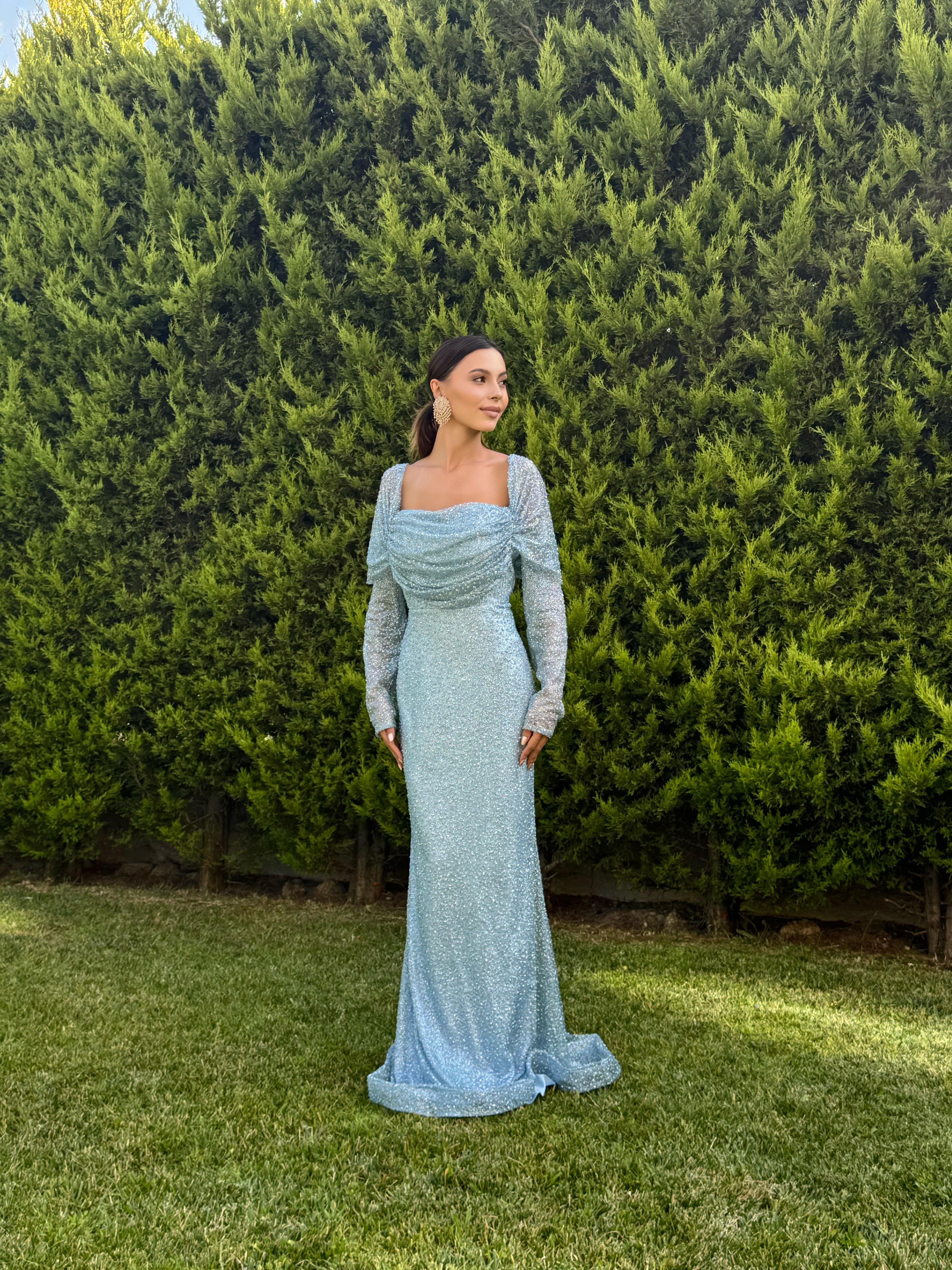 'Elanor' Kayık Yaka Taşlı Mavi Abiye