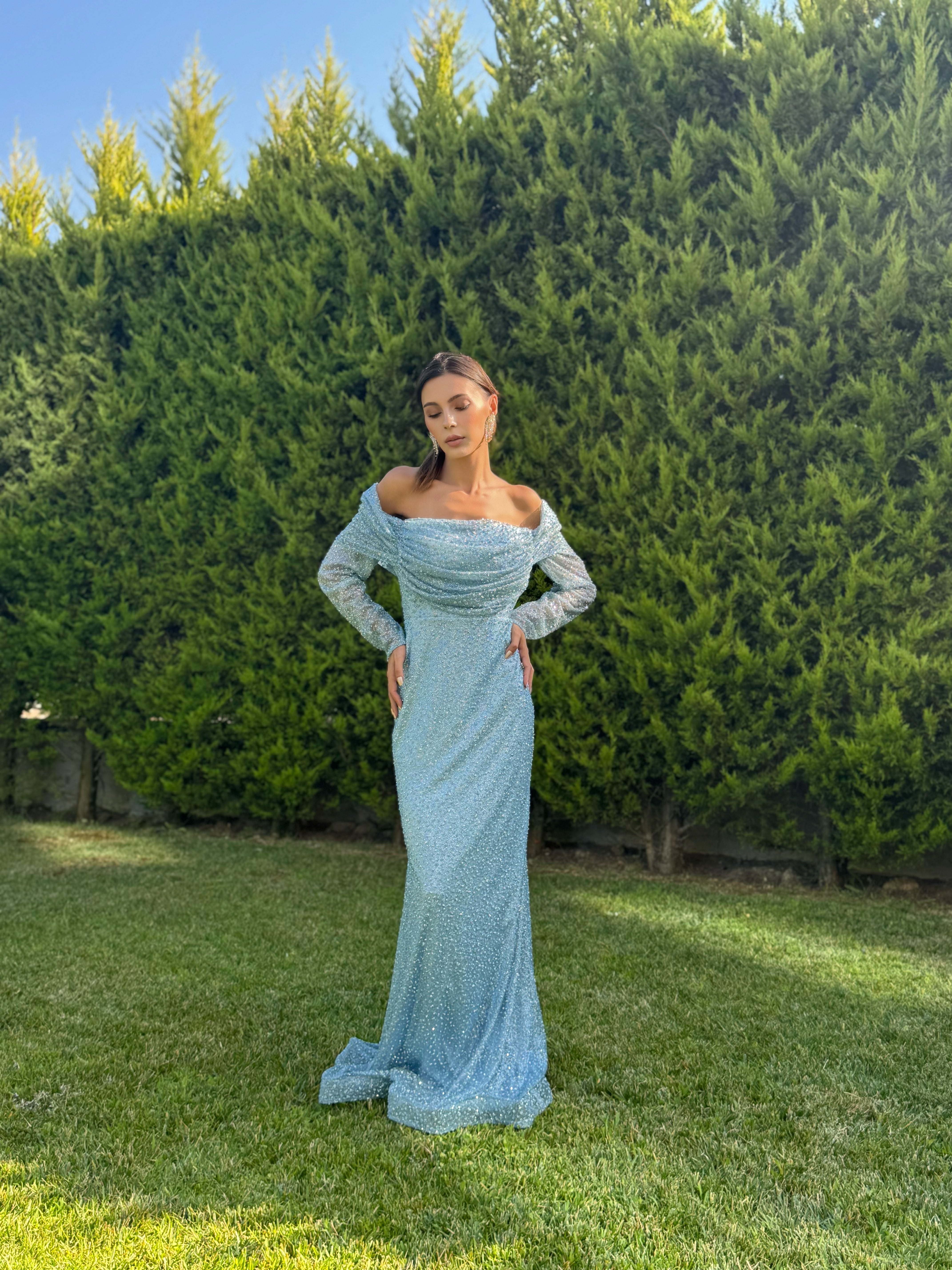 'Elanor' Kayık Yaka Taşlı Mavi Abiye