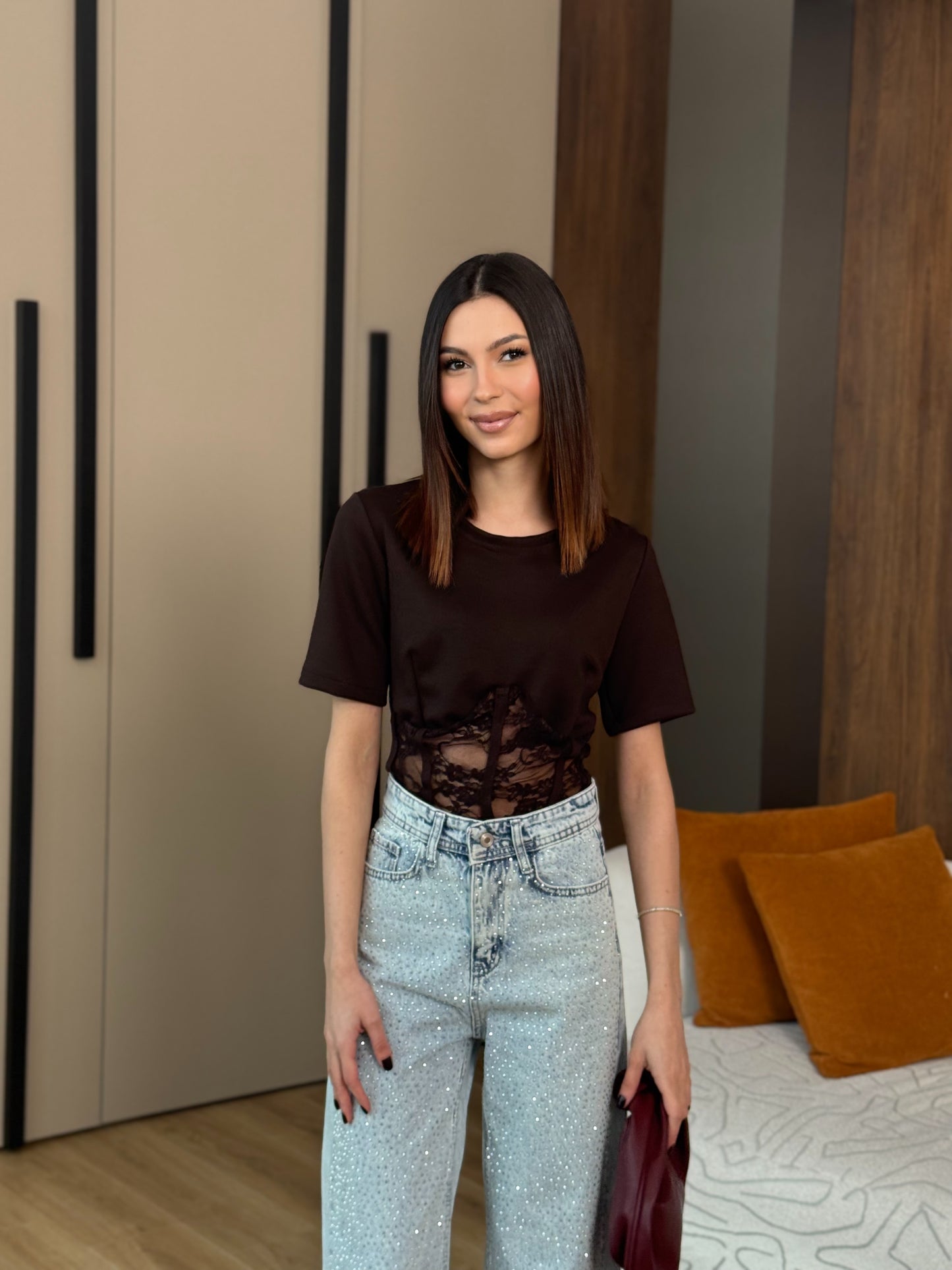 Lace Muse Top Kahverengi Bluz