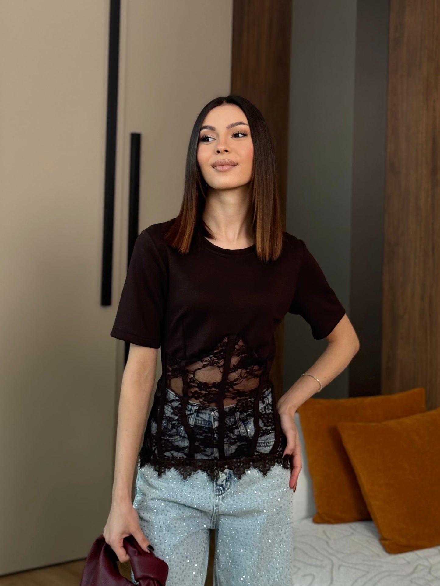 Lace Muse Top Kahverengi Bluz