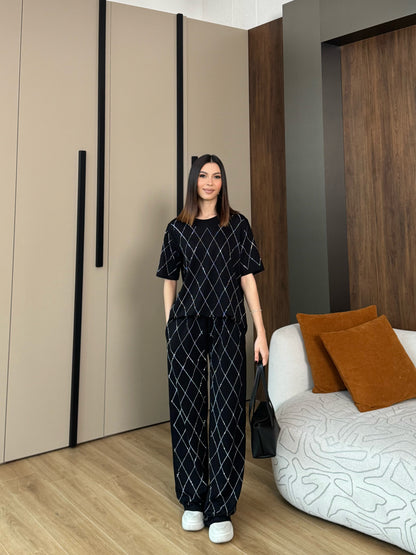 Oys Baklava Desen Taşlı Siyah Takım