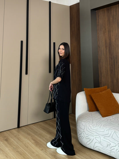 Oys Baklava Desen Taşlı Siyah Takım