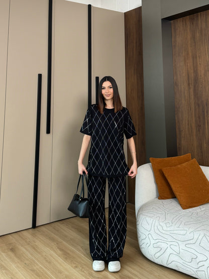 Oys Baklava Desen Taşlı Siyah Takım