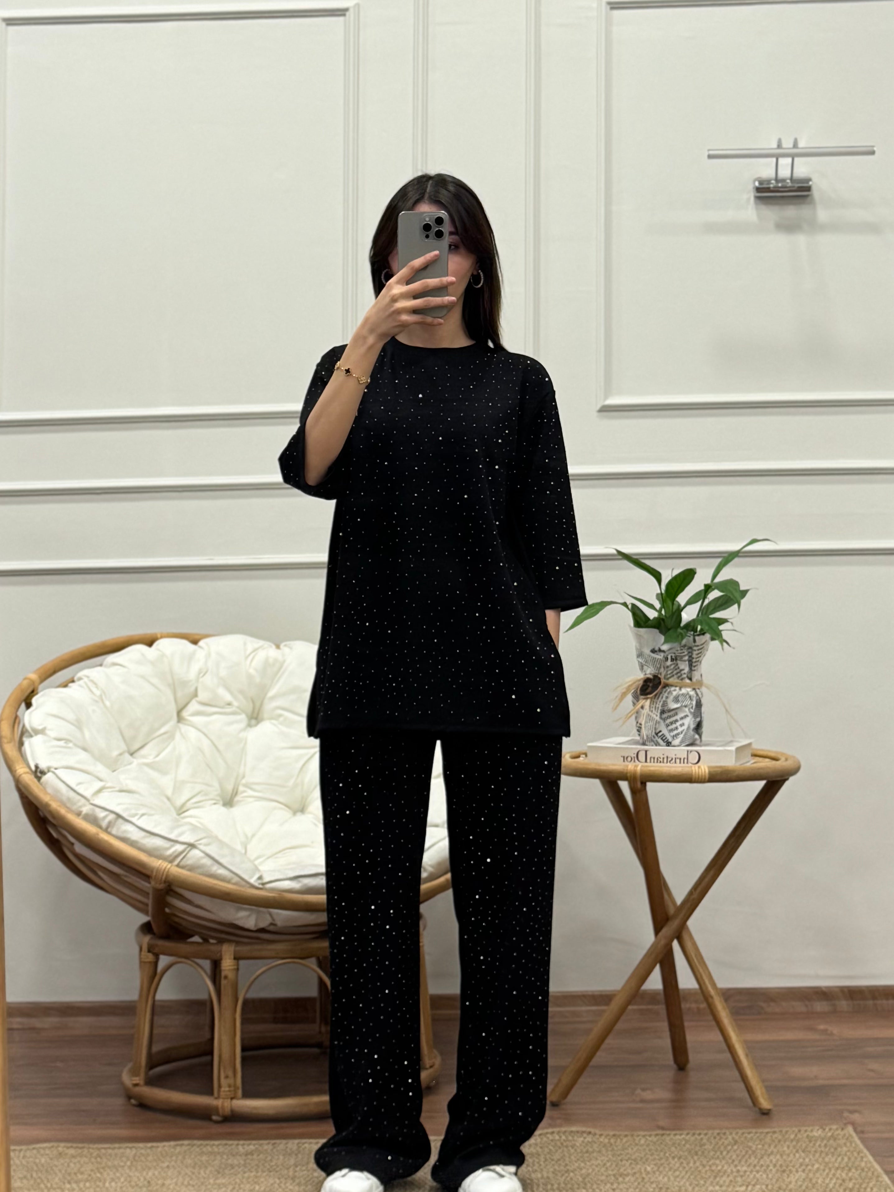 Oys Taş Baskı Siyah Fakir Kol Bluz Pantolon Takım