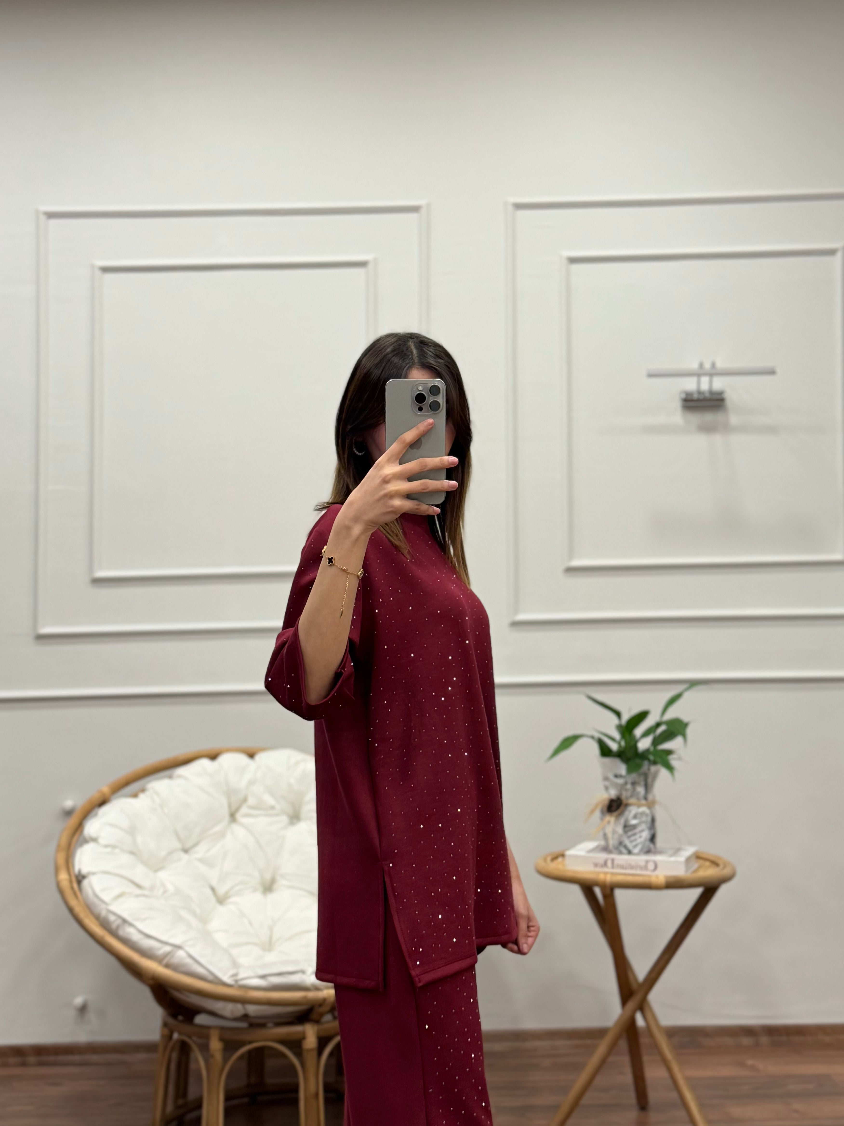 Oys Taş Baskı Bordo Fakir Kol Bluz Pantolon Takım