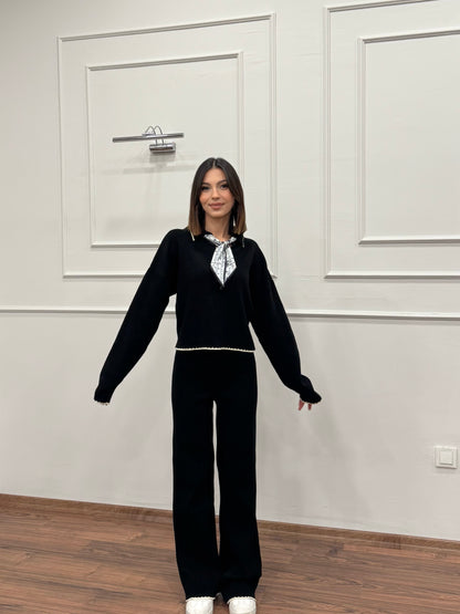 Mandy Fular Detay Crop Pantolon Triko Siyah Takım