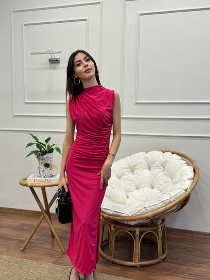 Elegance Omuz ve Bel Drape Detay Fuşya Elbise