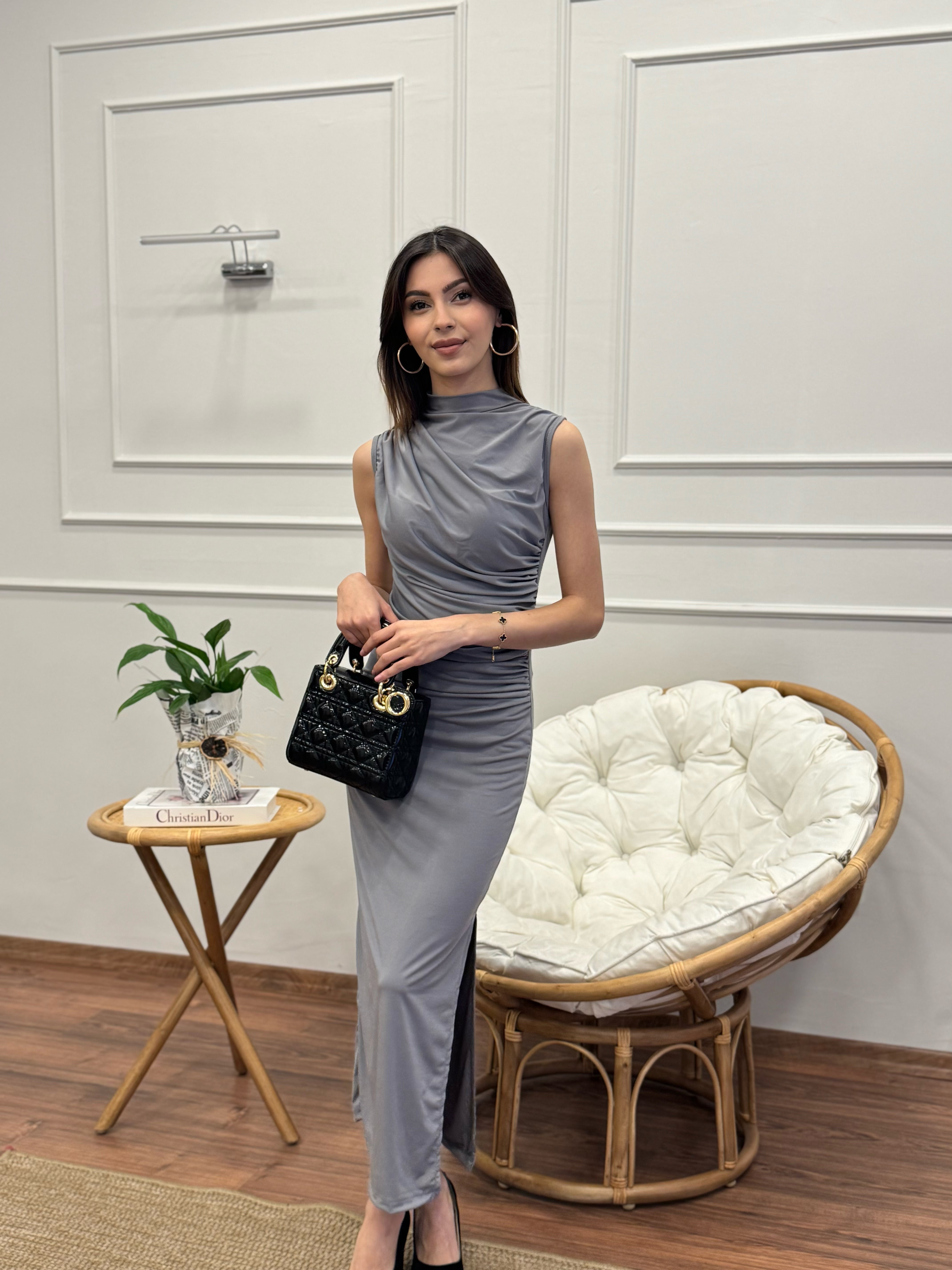 Elegance Omuz ve Bel Drape Detay Gri Elbise