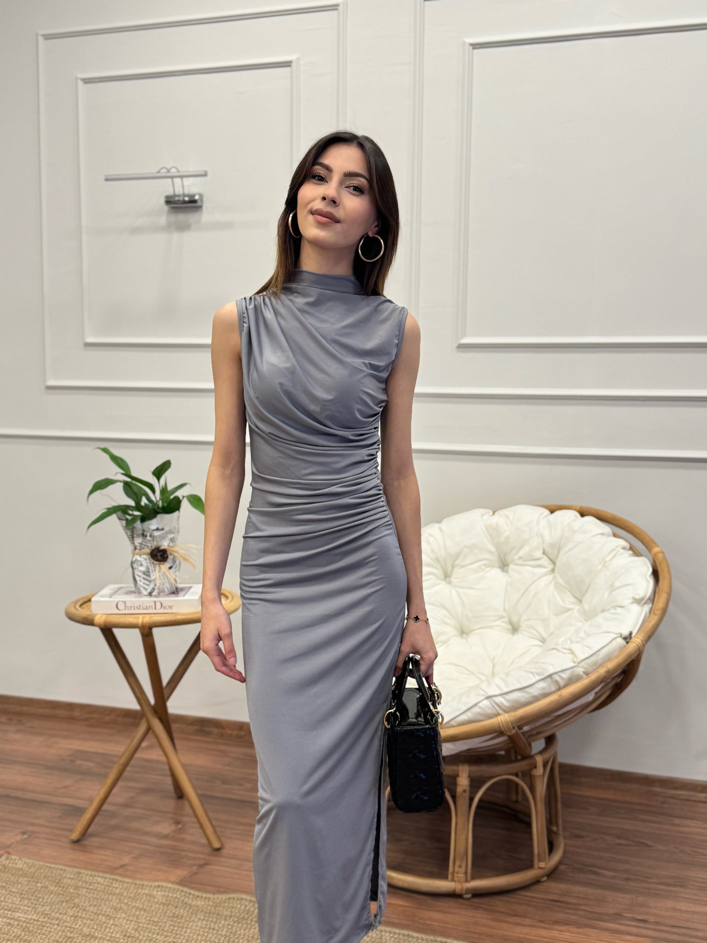 Elegance Omuz ve Bel Drape Detay Gri Elbise