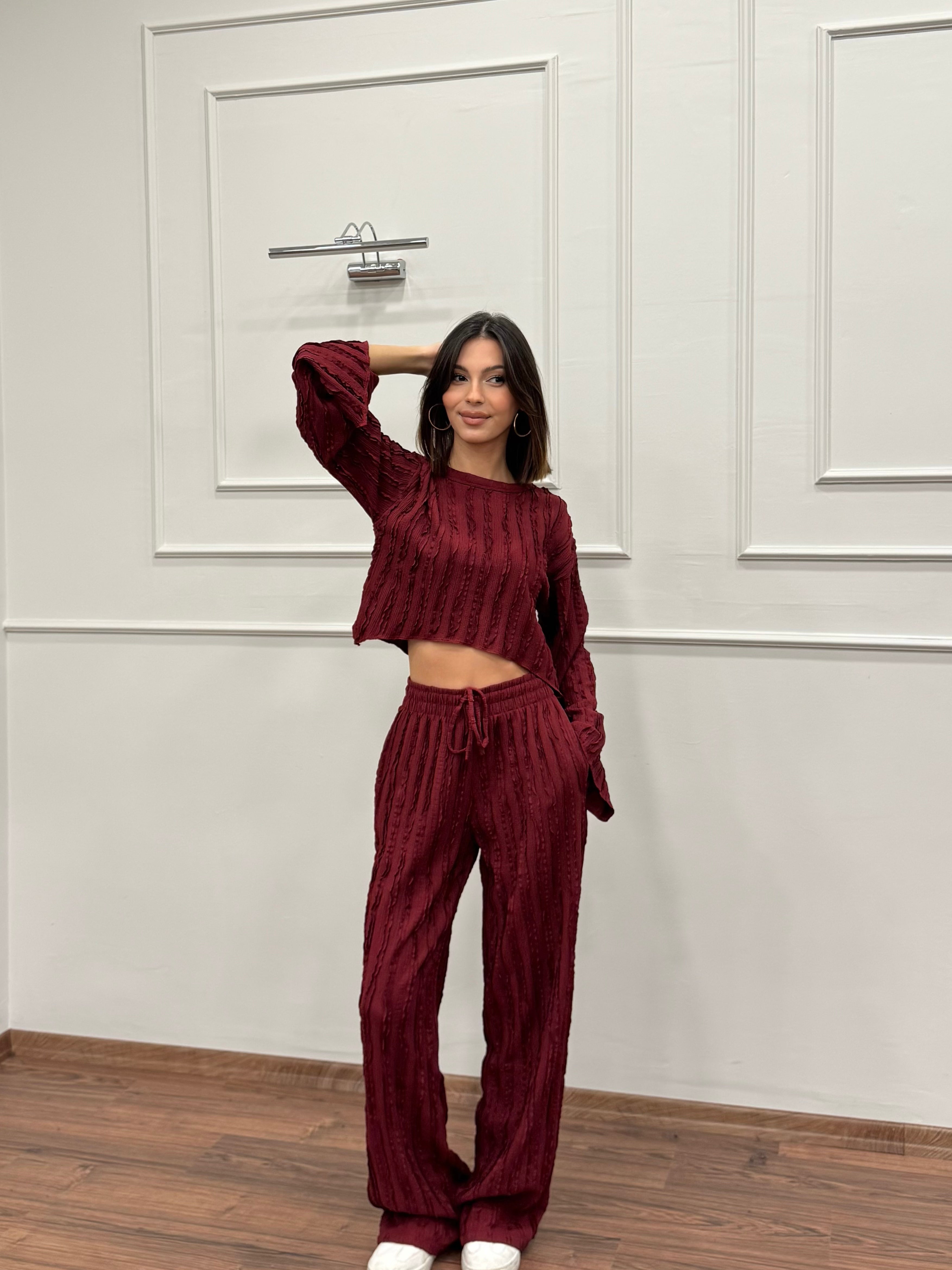 Henna İspanyol Crop Pantolon Bordo Takım