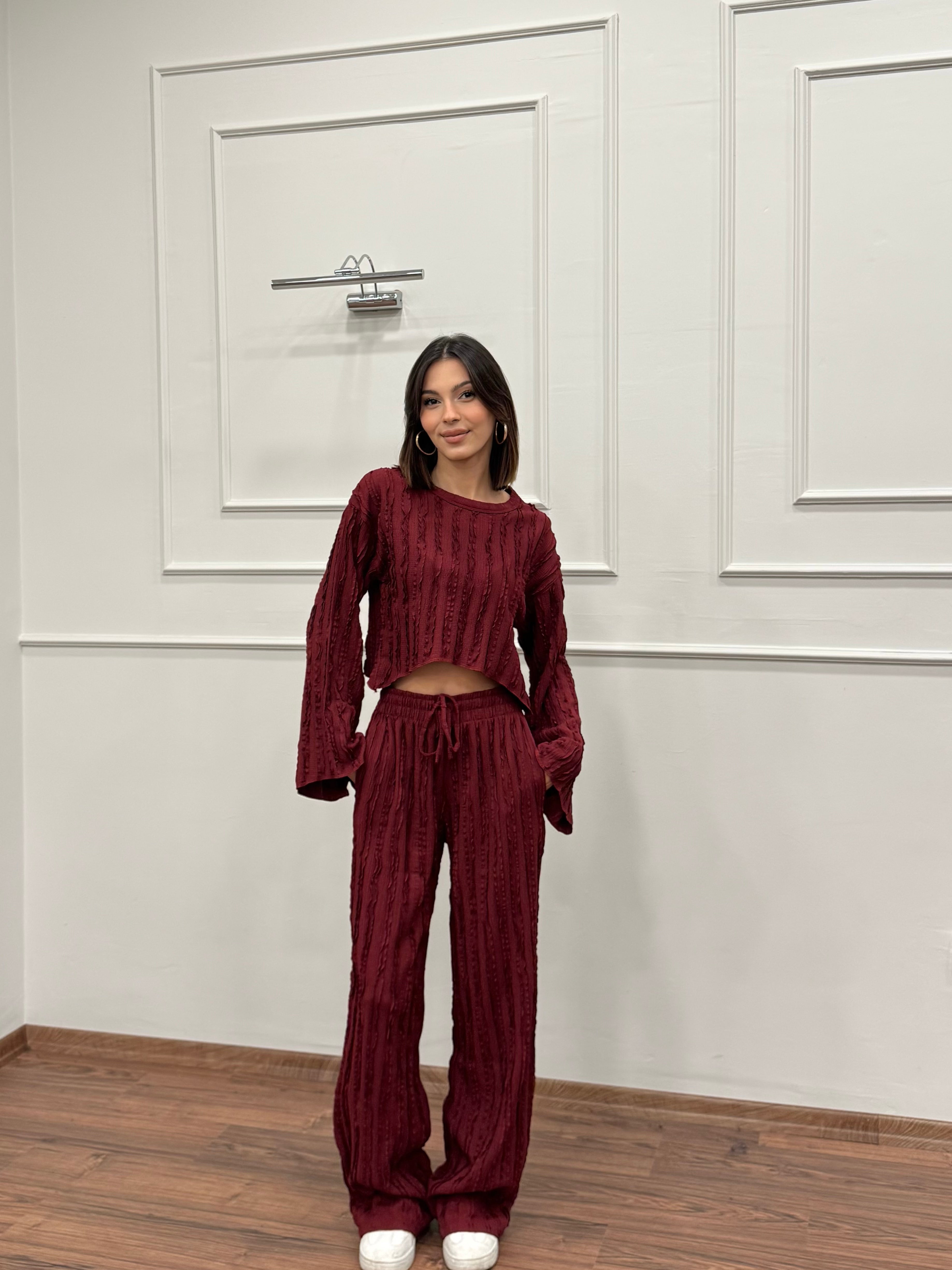 Henna İspanyol Crop Pantolon Bordo Takım