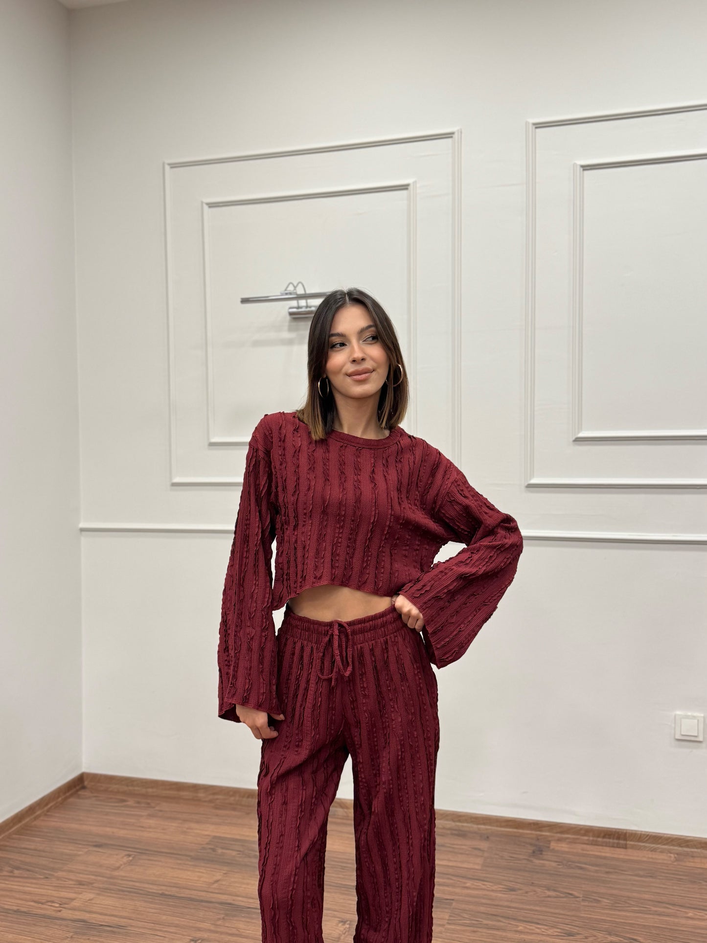 Henna İspanyol Crop Pantolon Bordo Takım