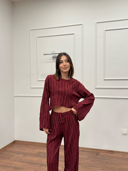 Henna İspanyol Crop Pantolon Bordo Takım