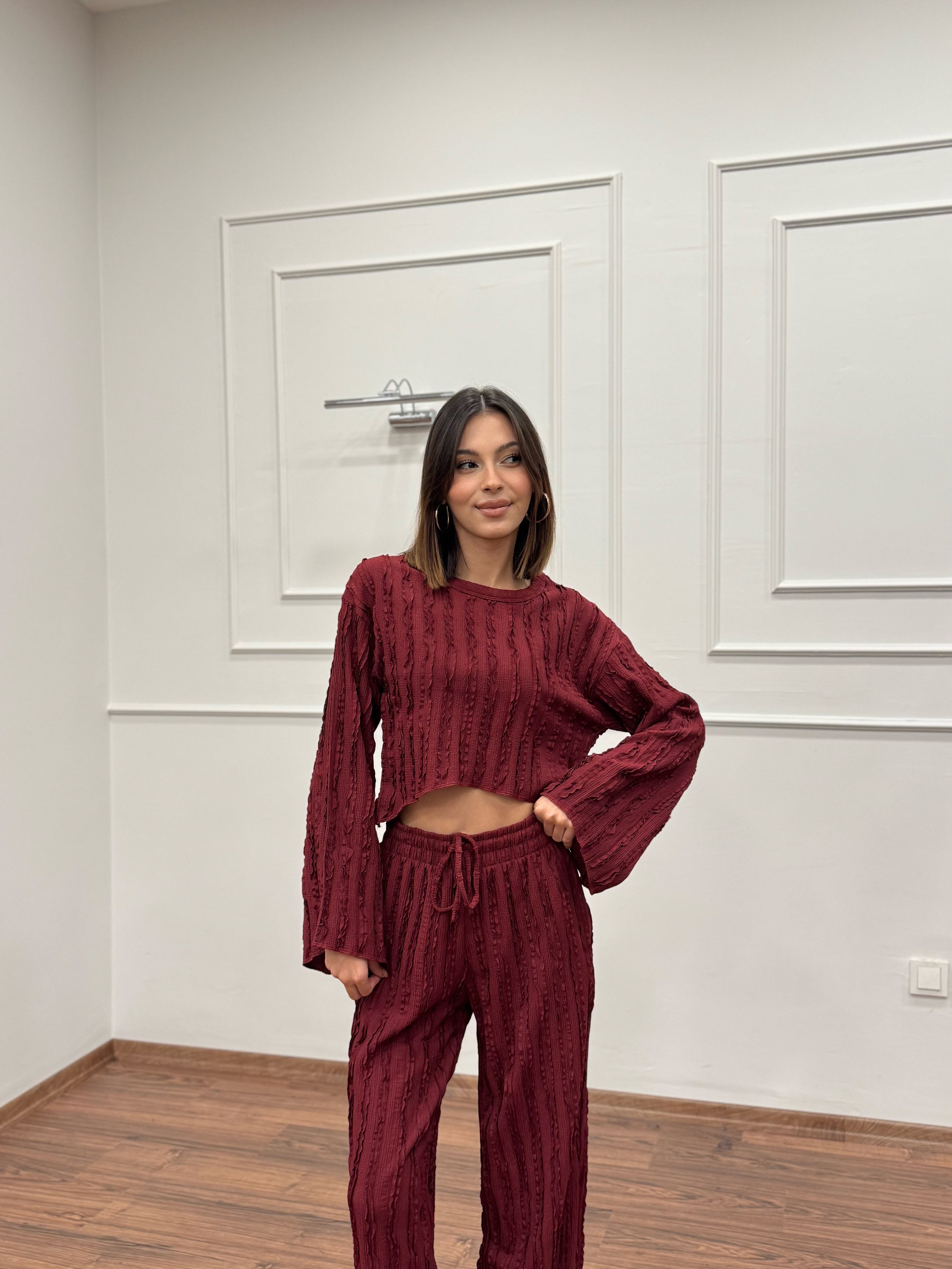Henna İspanyol Crop Pantolon Bordo Takım