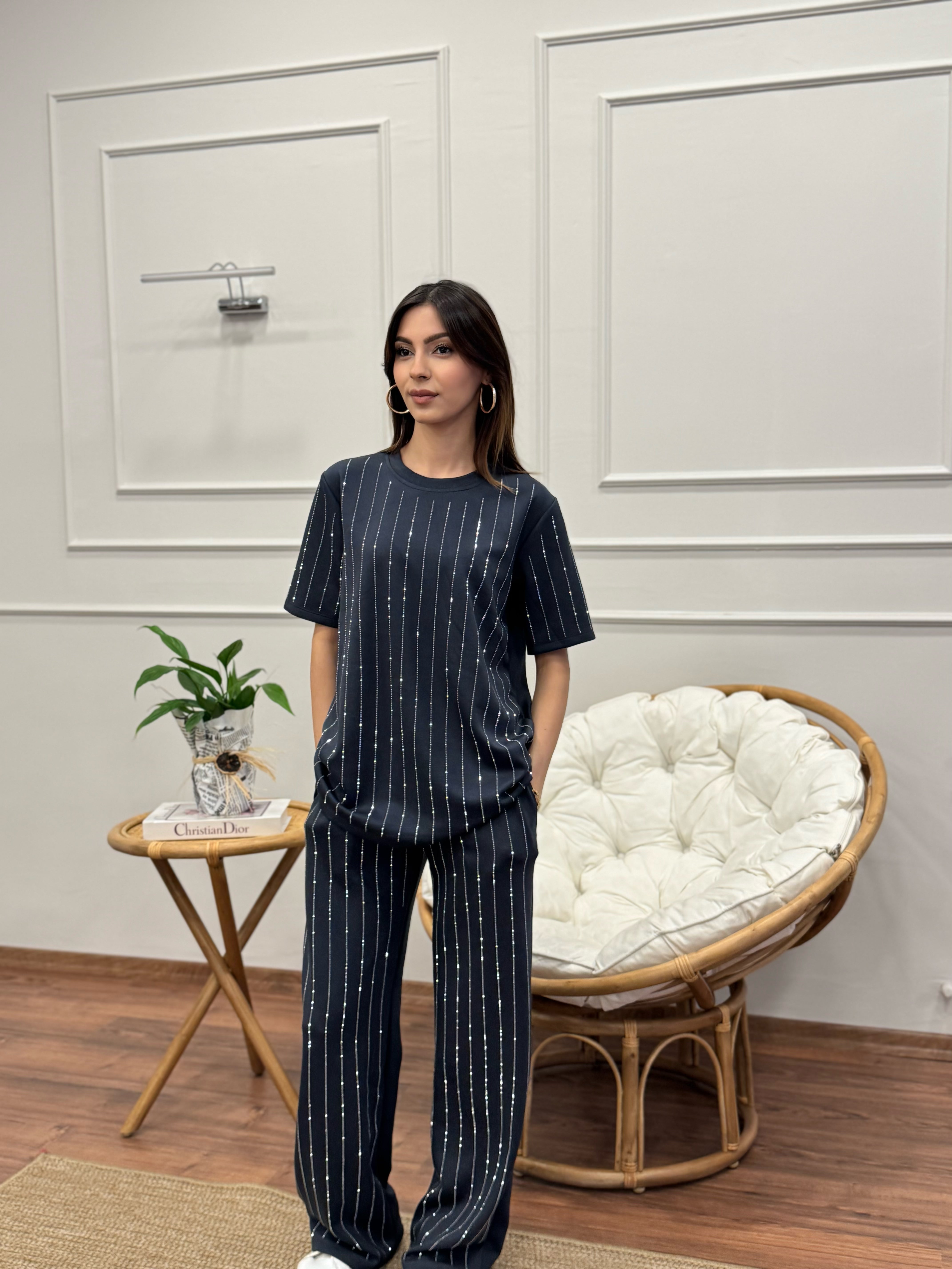 Oys Çizgi Desen Taş Baskı Antrasit Bluz Pantolon Takım