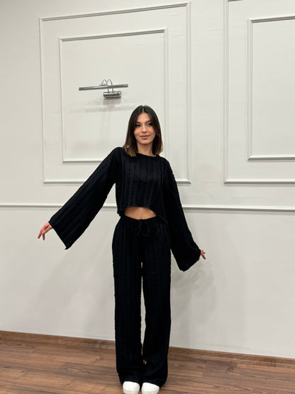 Henna İspanyol Crop Pantolon Siyah Takım