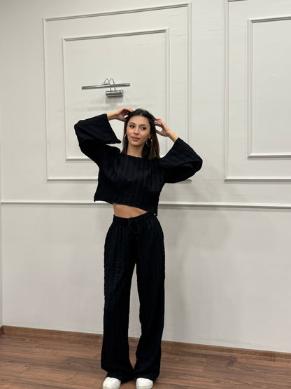 Henna İspanyol Crop Pantolon Siyah Takım