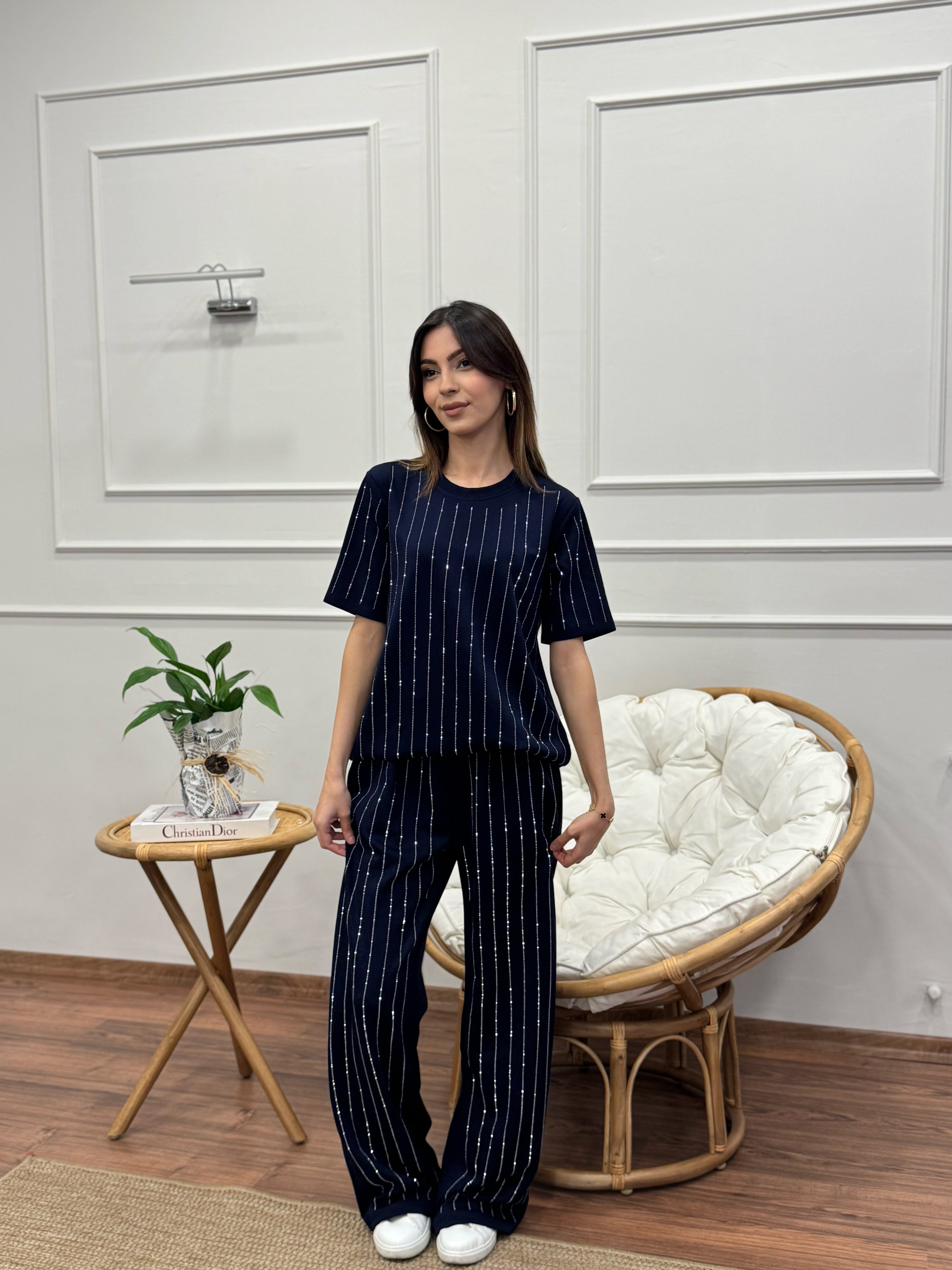 Oys Çizgi Desen Taş Baskı Lacivert Bluz Pantolon Takım