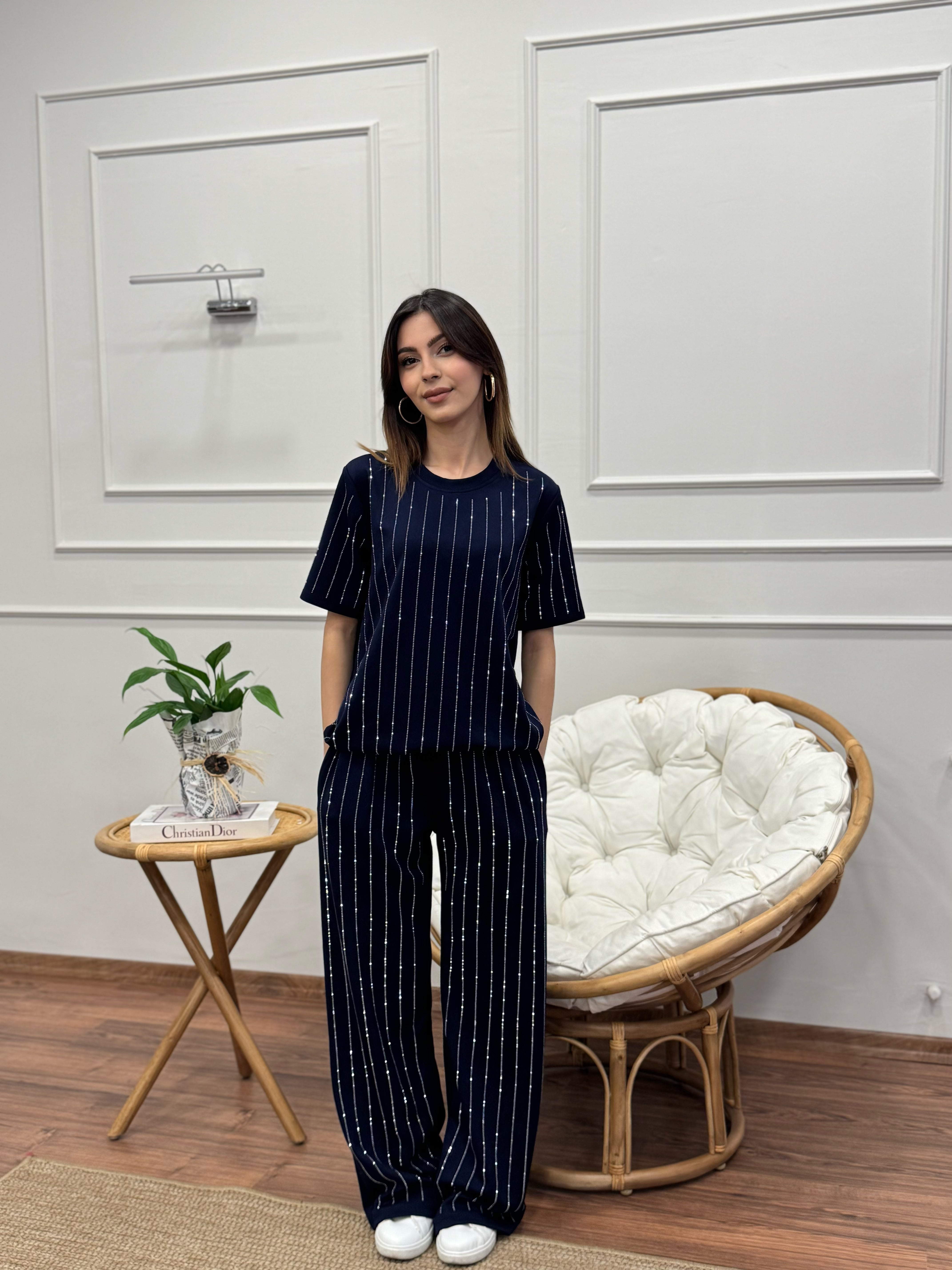 Oys Çizgi Desen Taş Baskı Lacivert Bluz Pantolon Takım