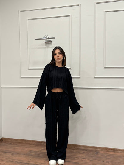 Henna İspanyol Crop Pantolon Siyah Takım