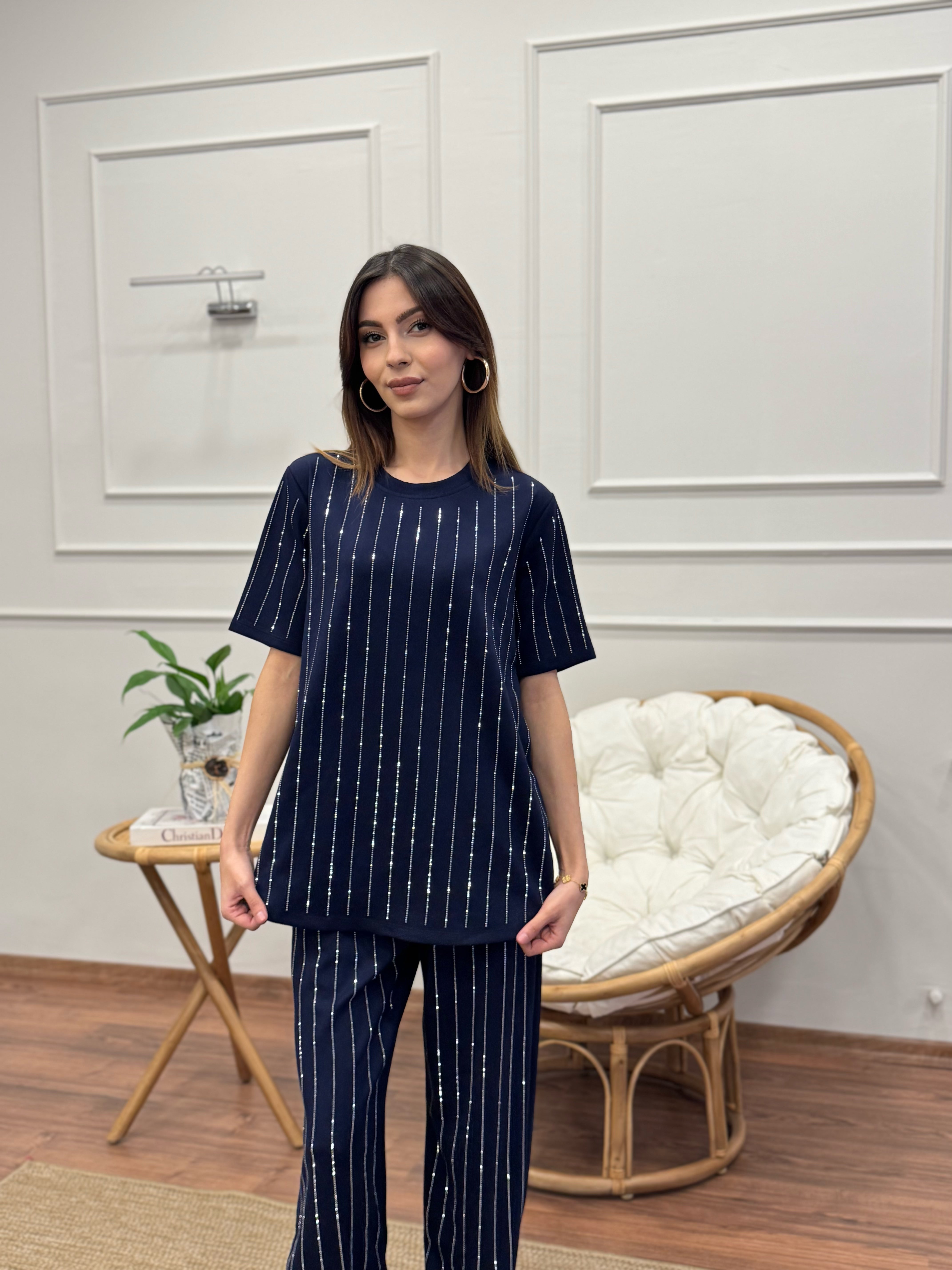 Oys Çizgi Desen Taş Baskı Lacivert Bluz Pantolon Takım