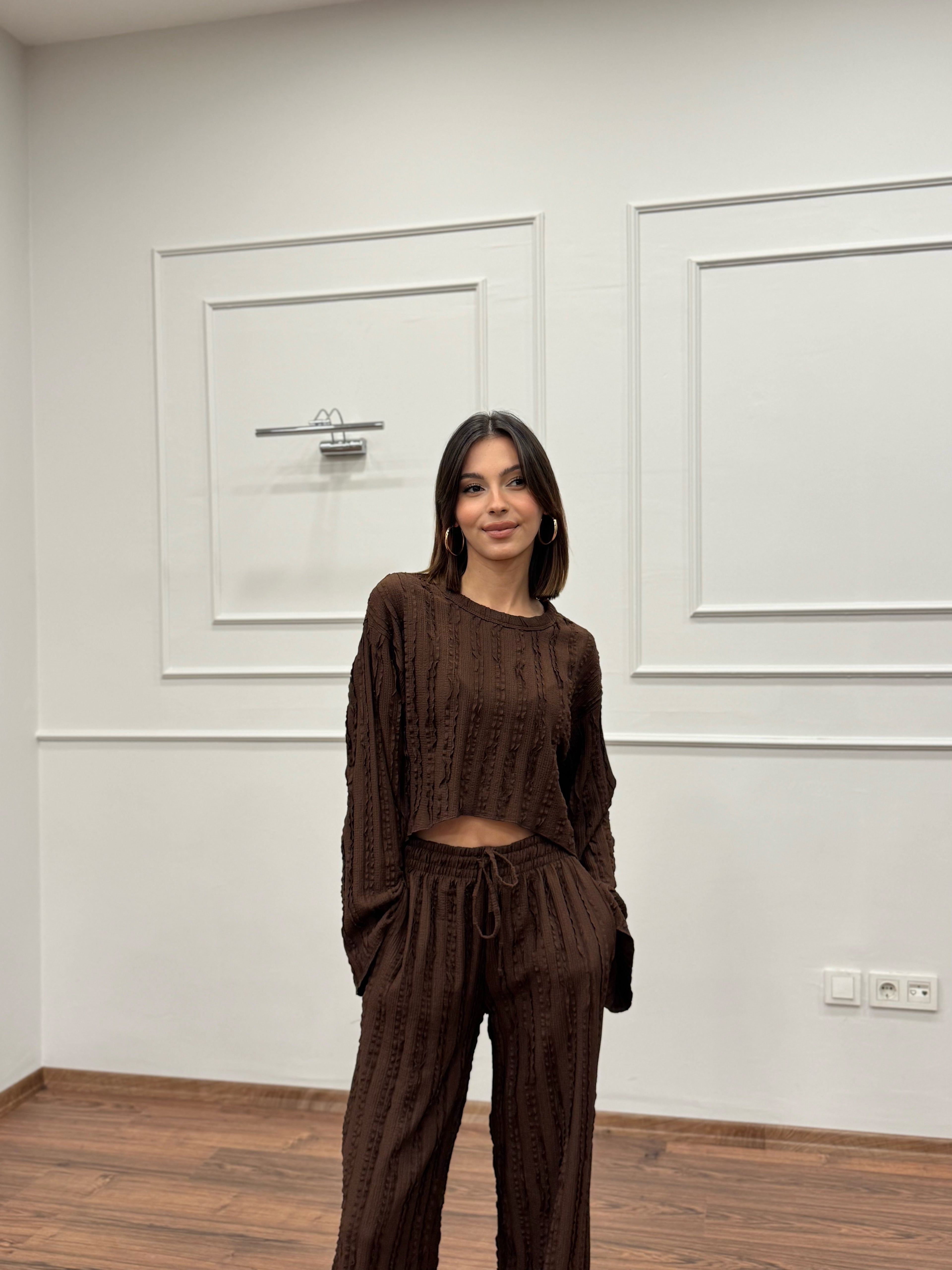 Henna İspanyol Crop Pantolon Kahverengi Takım