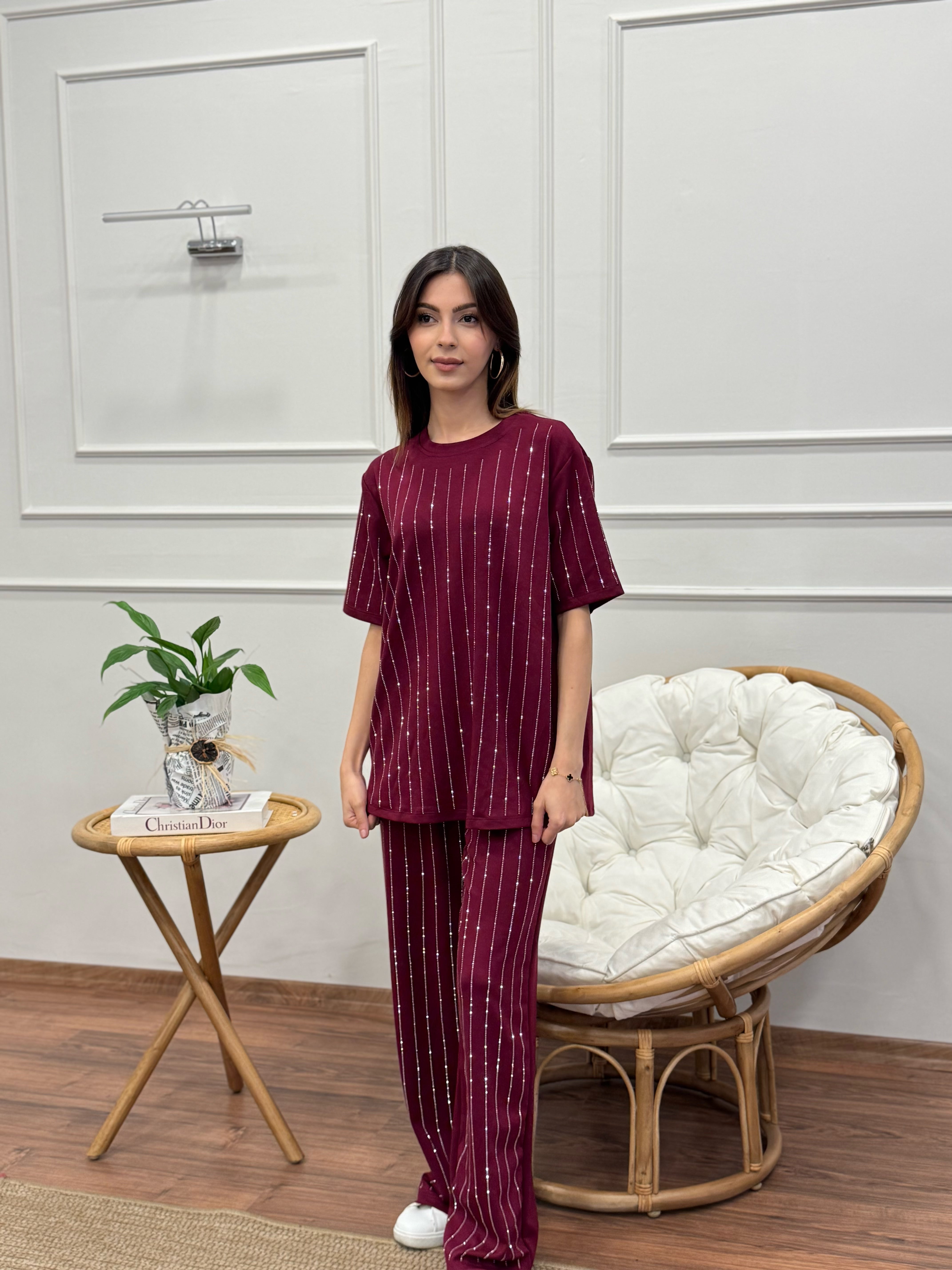 Oys Çizgi Desen Taş Baskı Bordo Bluz Pantolon Takım