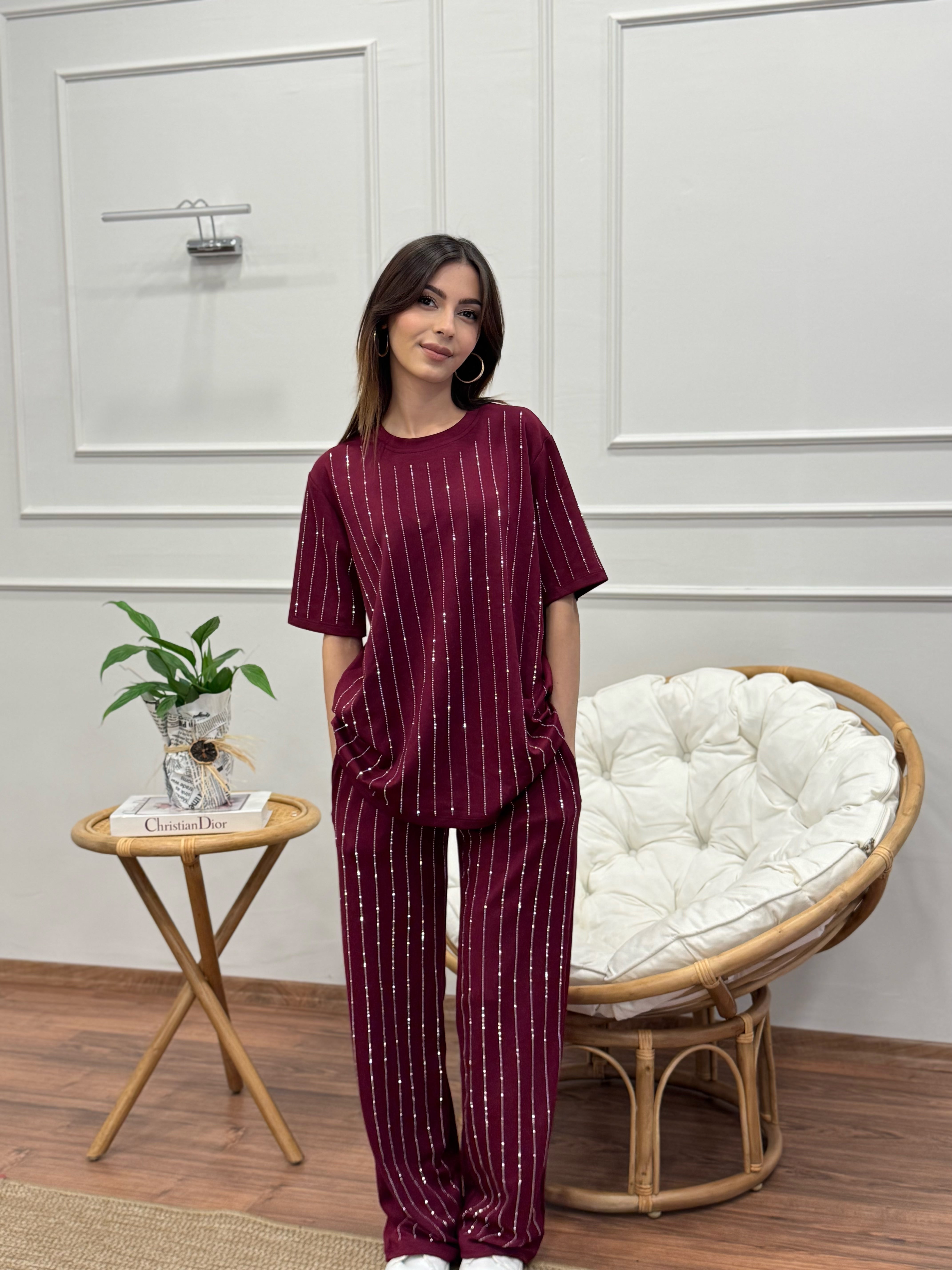 Oys Çizgi Desen Taş Baskı Bordo Bluz Pantolon Takım