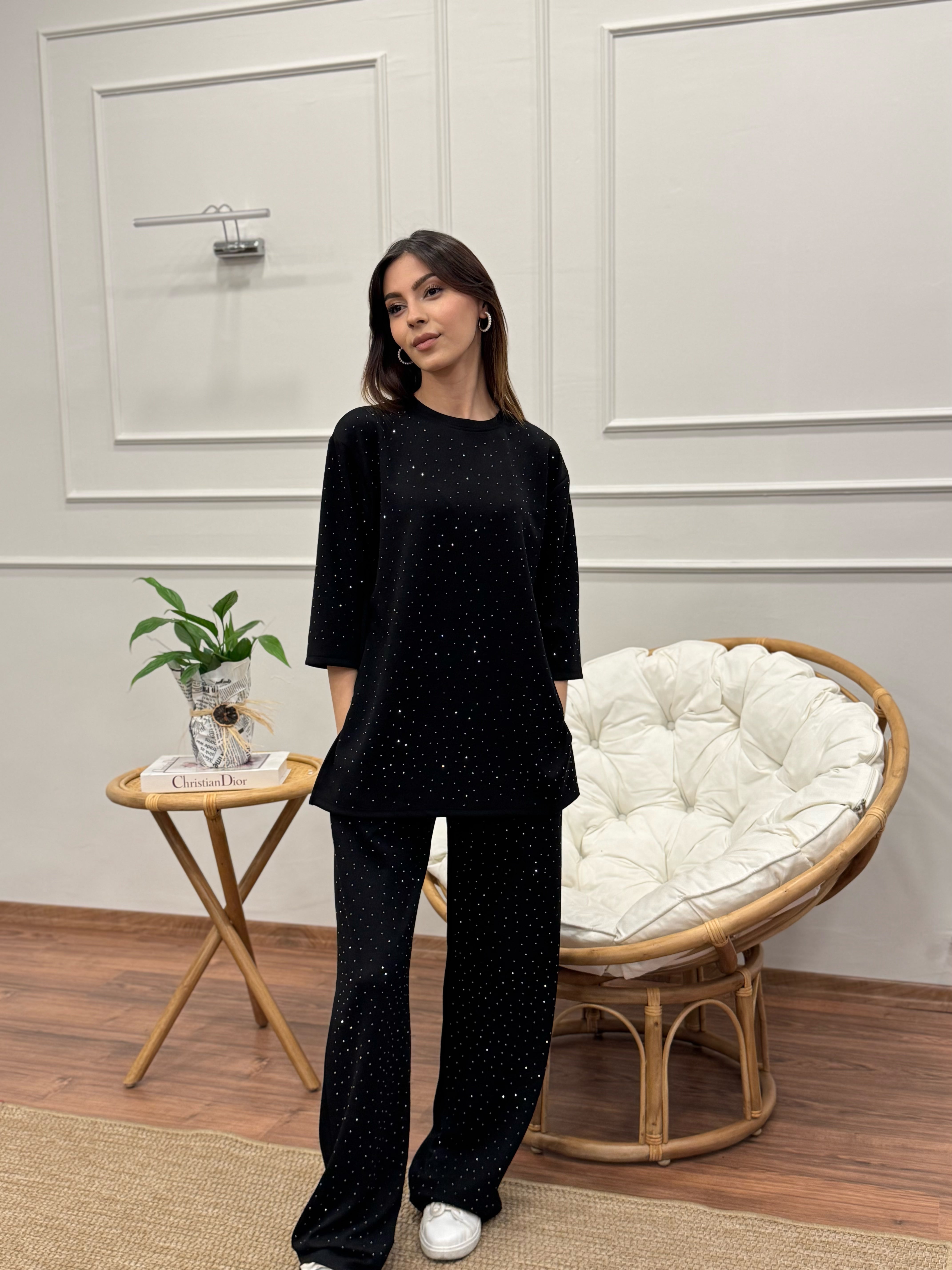 Oys Taş Baskı Siyah Fakir Kol Bluz Pantolon Takım