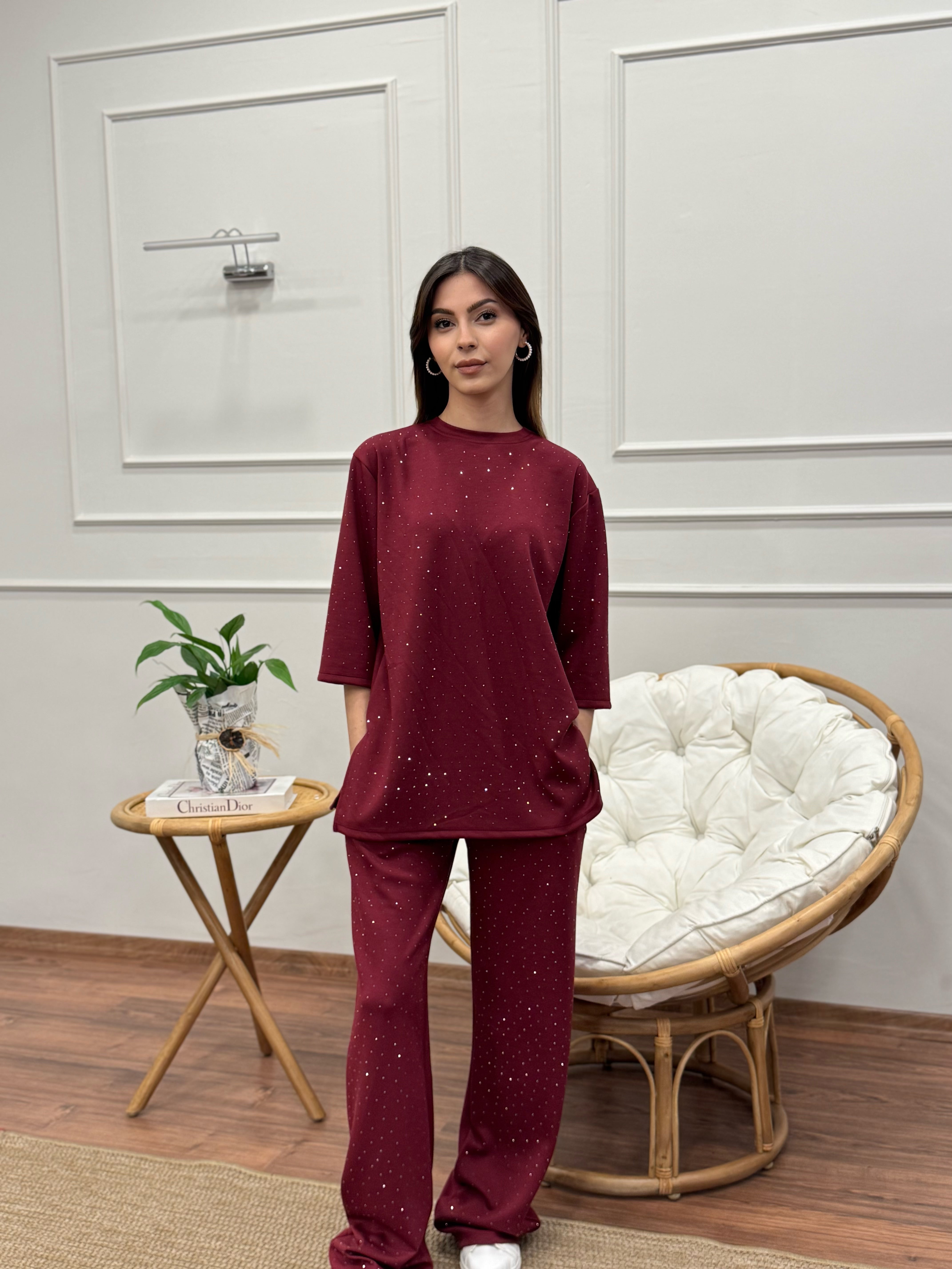 Oys Taş Baskı Bordo Fakir Kol Bluz Pantolon Takım