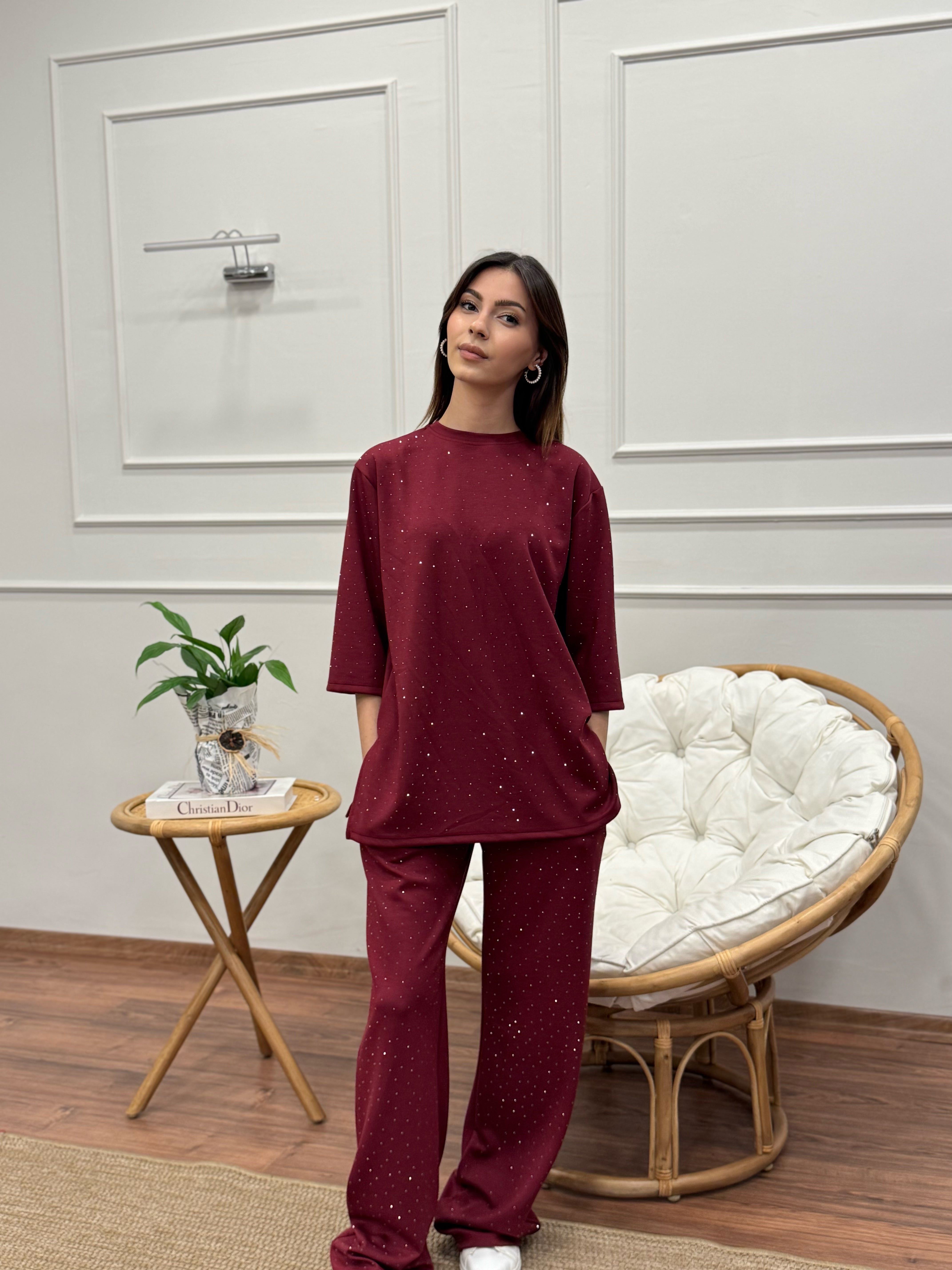 Oys Taş Baskı Bordo Fakir Kol Bluz Pantolon Takım