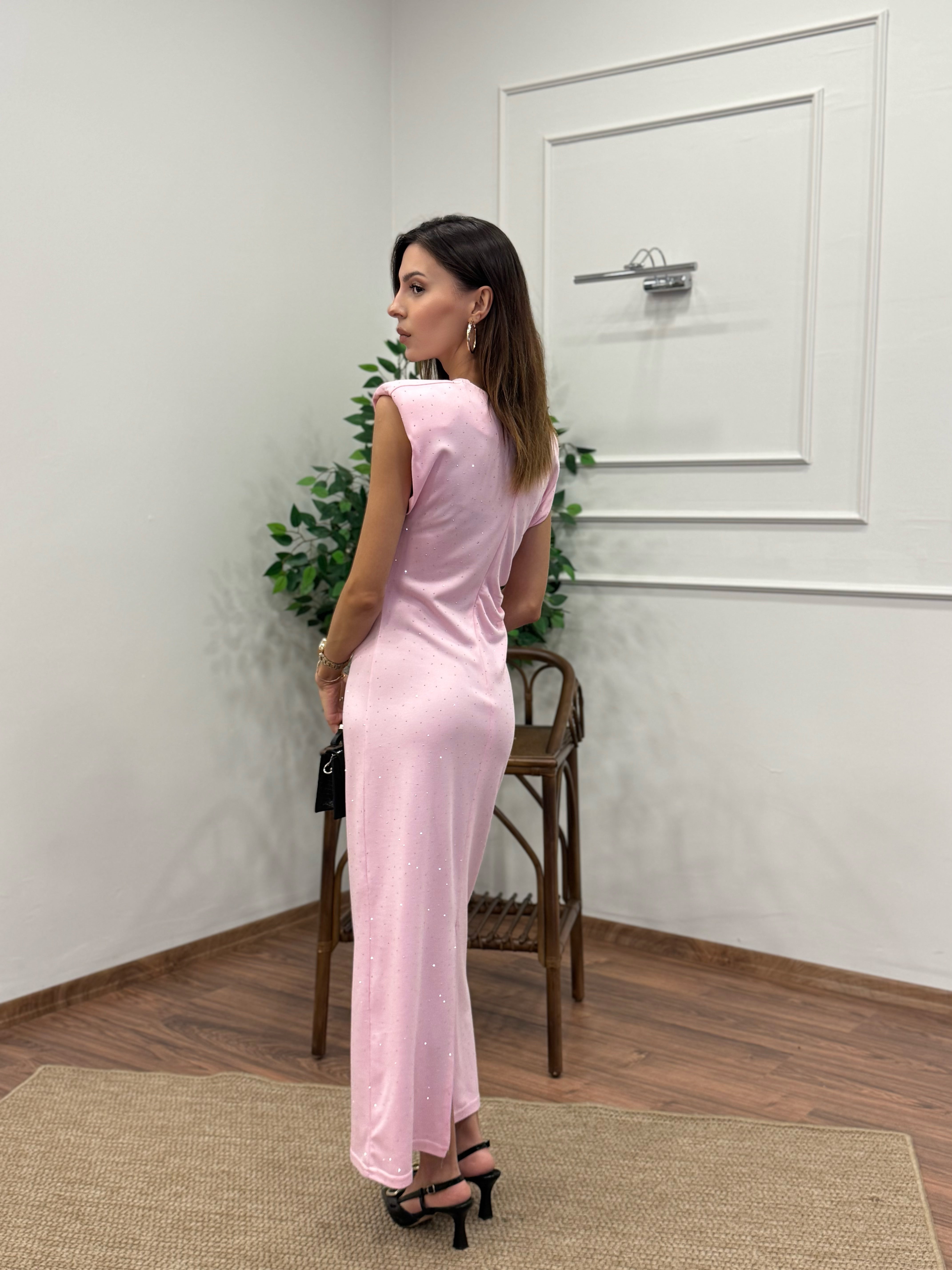 Taş Baskı Drape Detay Omuz Vatkalı Pembe Elbise