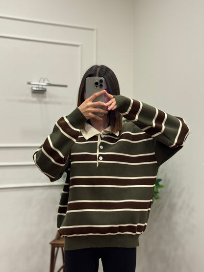 Vintage Haki Polo Yaka Kazak
