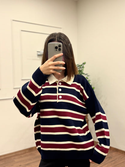 Vintage Lacivert Polo Yaka Kazak