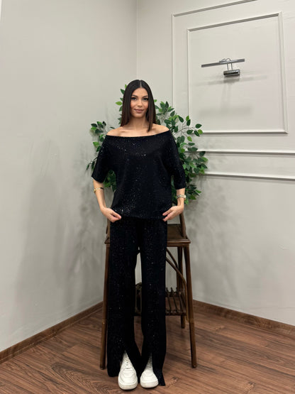 Glam Simli Tek Omuz Siyah Takım