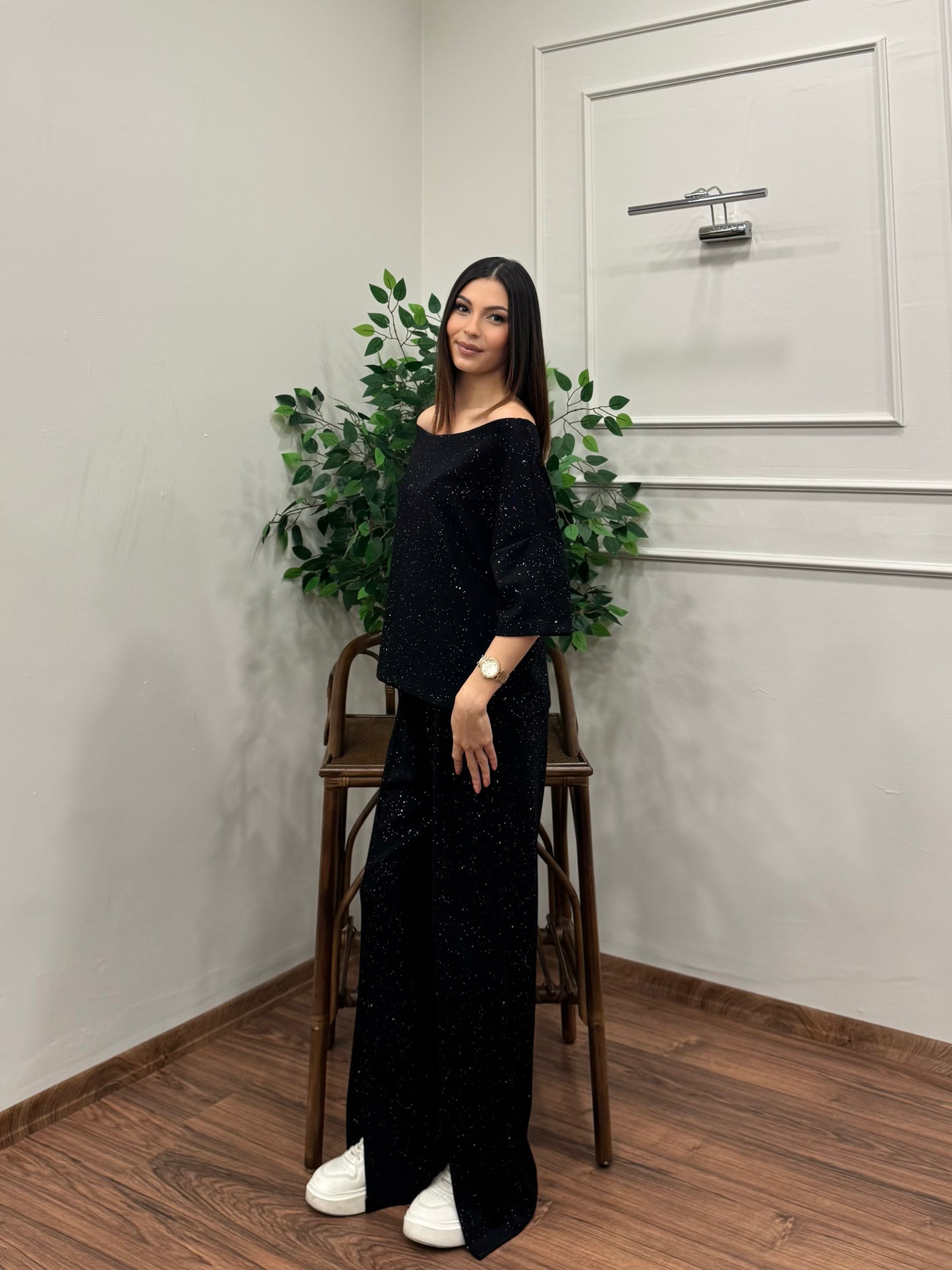 Glam Simli Tek Omuz Siyah Takım