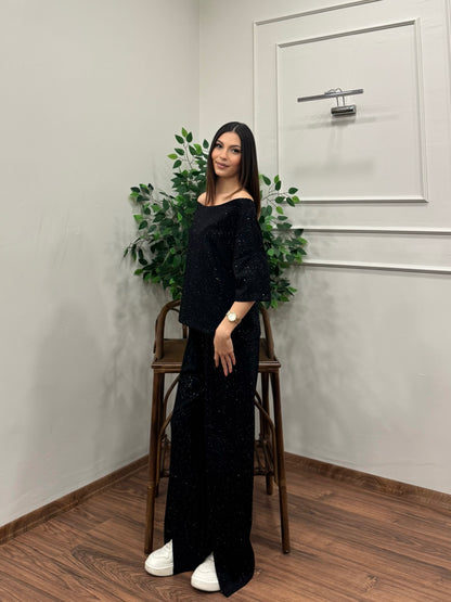 Glam Simli Tek Omuz Siyah Takım