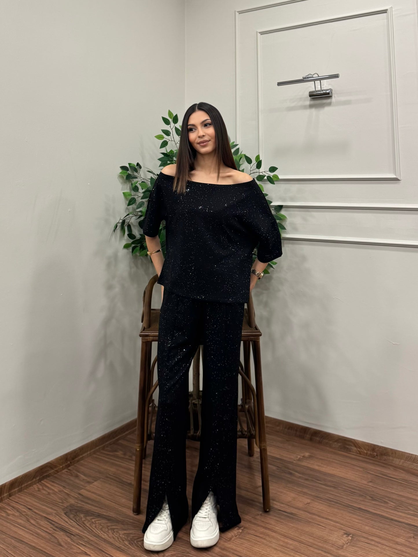 Glam Simli Tek Omuz Siyah Takım