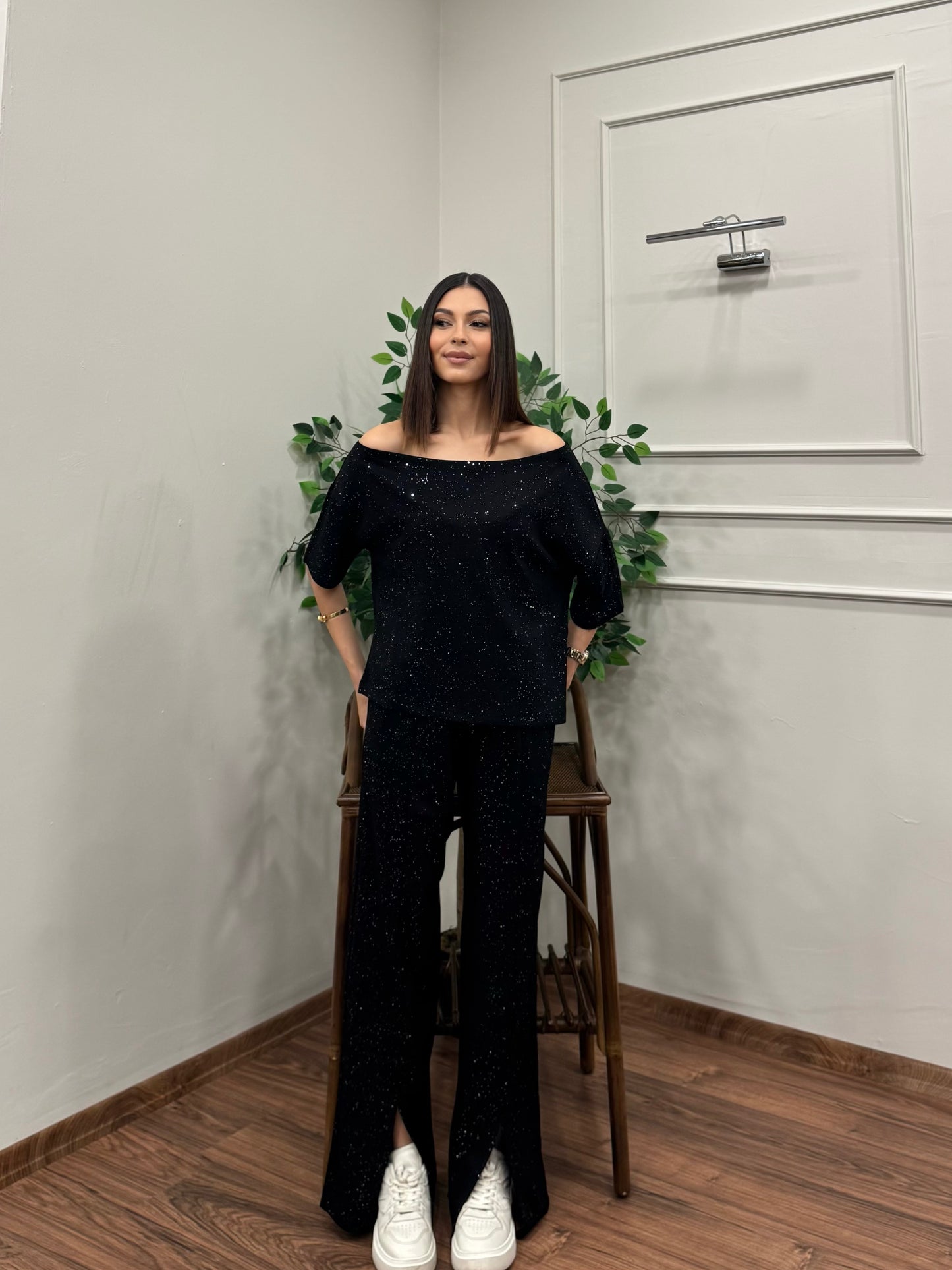 Glam Simli Tek Omuz Siyah Takım