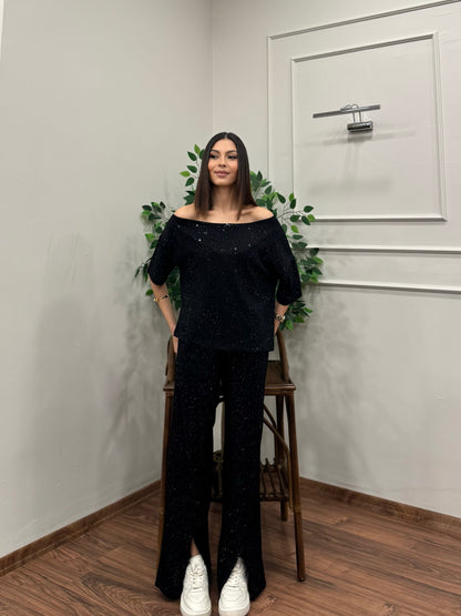 Glam Simli Tek Omuz Siyah Takım