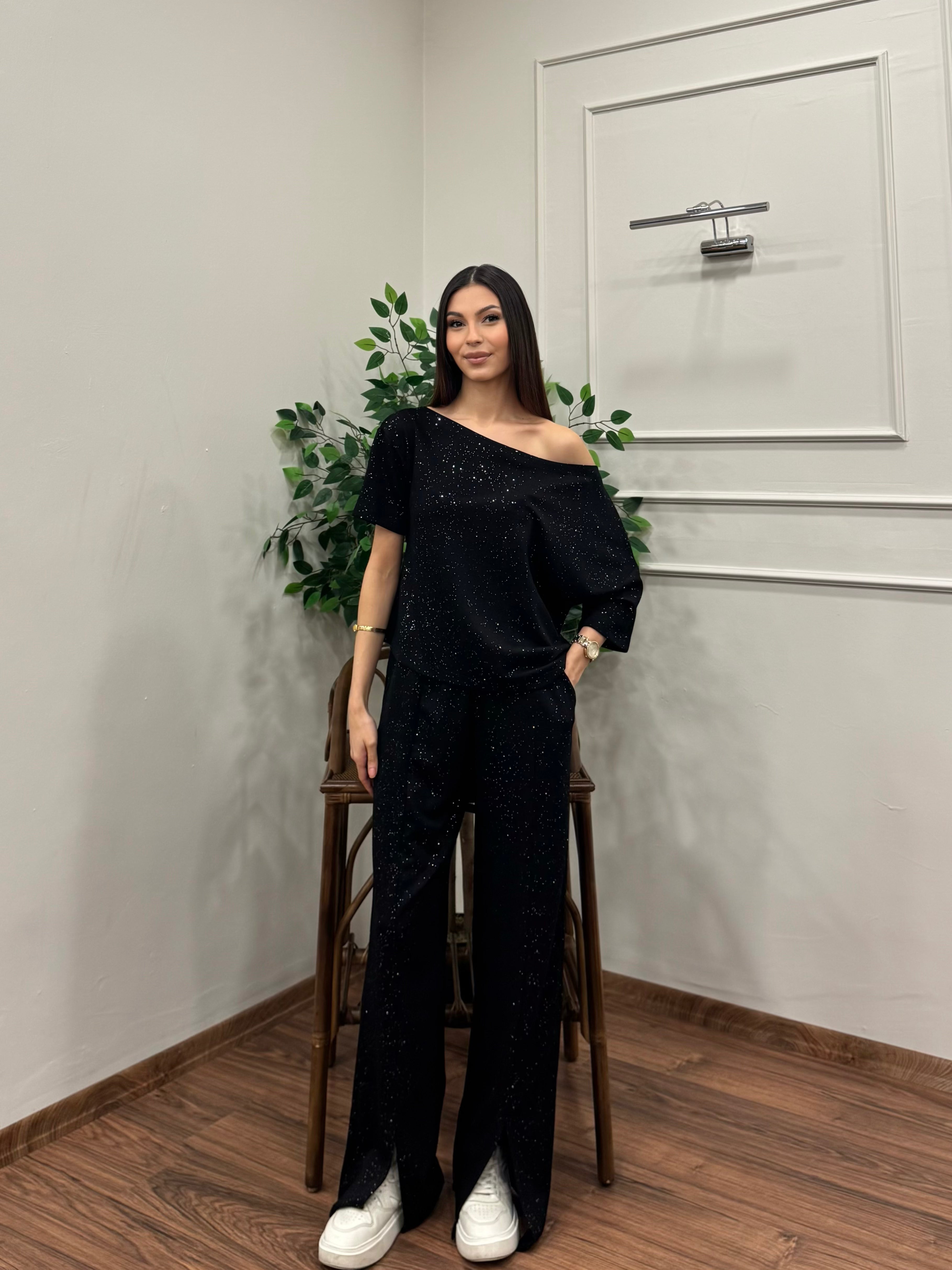 Glam Simli Modal Siyah Takım