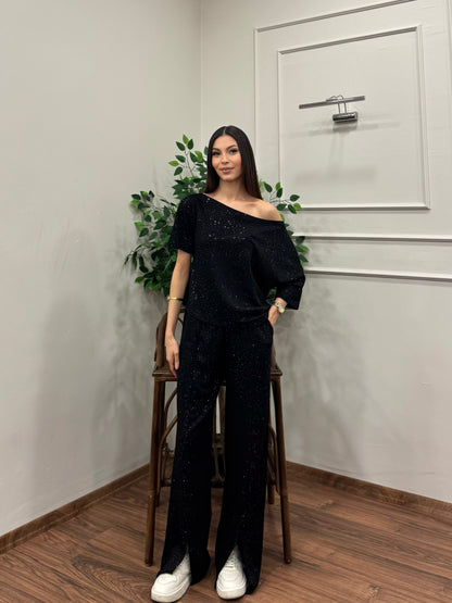 Glam Simli Tek Omuz Siyah Takım