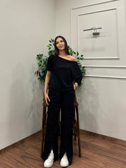 Glam Simli Tek Omuz Siyah Takım