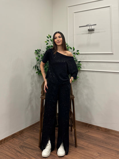 Glam Simli Tek Omuz Siyah Takım