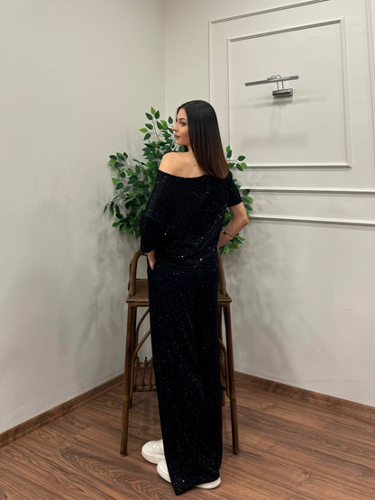 Glam Simli Tek Omuz Siyah Takım